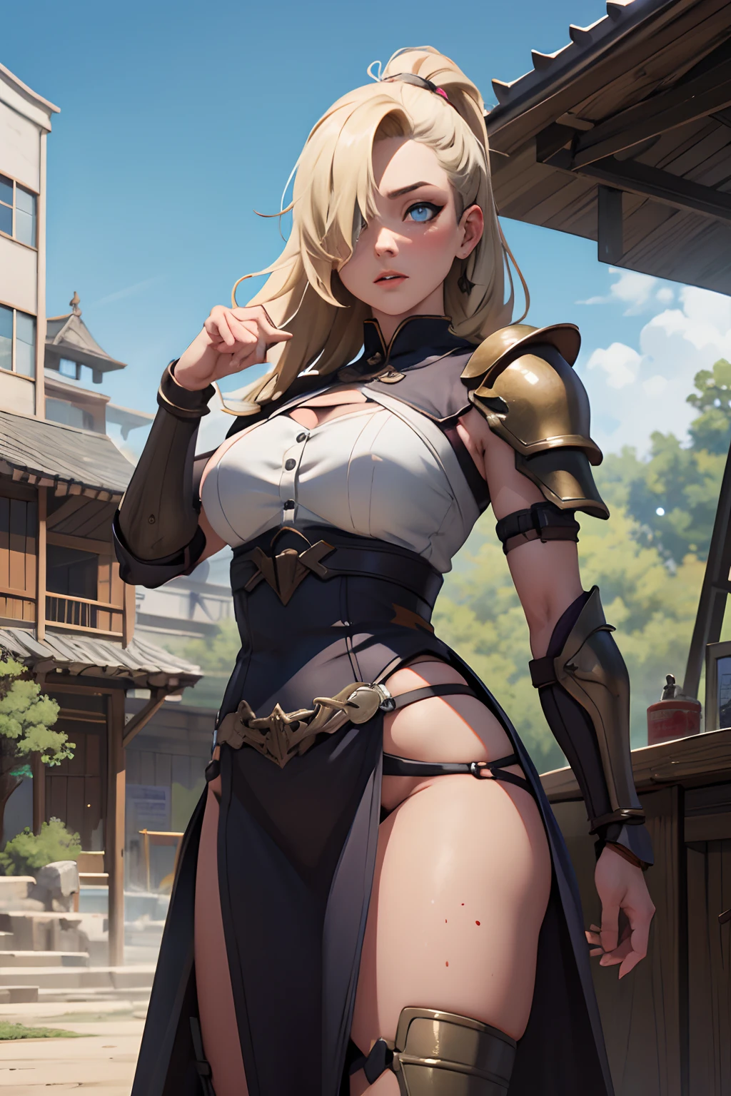 hair_over_one_eye, blonde_hair, blue_eyes, portrait, solo, (full body:0.6), looking up, detailed background, detailed face, (bronzepunkai, bronze theme:1.1), gladiator,  triumphant,   taunting expression,   yellow gladiator armor, greaves,   arena in background,   blood, sunshine, legendary gladiatorial atmosphere,, waterpark, market stall, building, fitting room, natural, hail, earth, bamboo forest