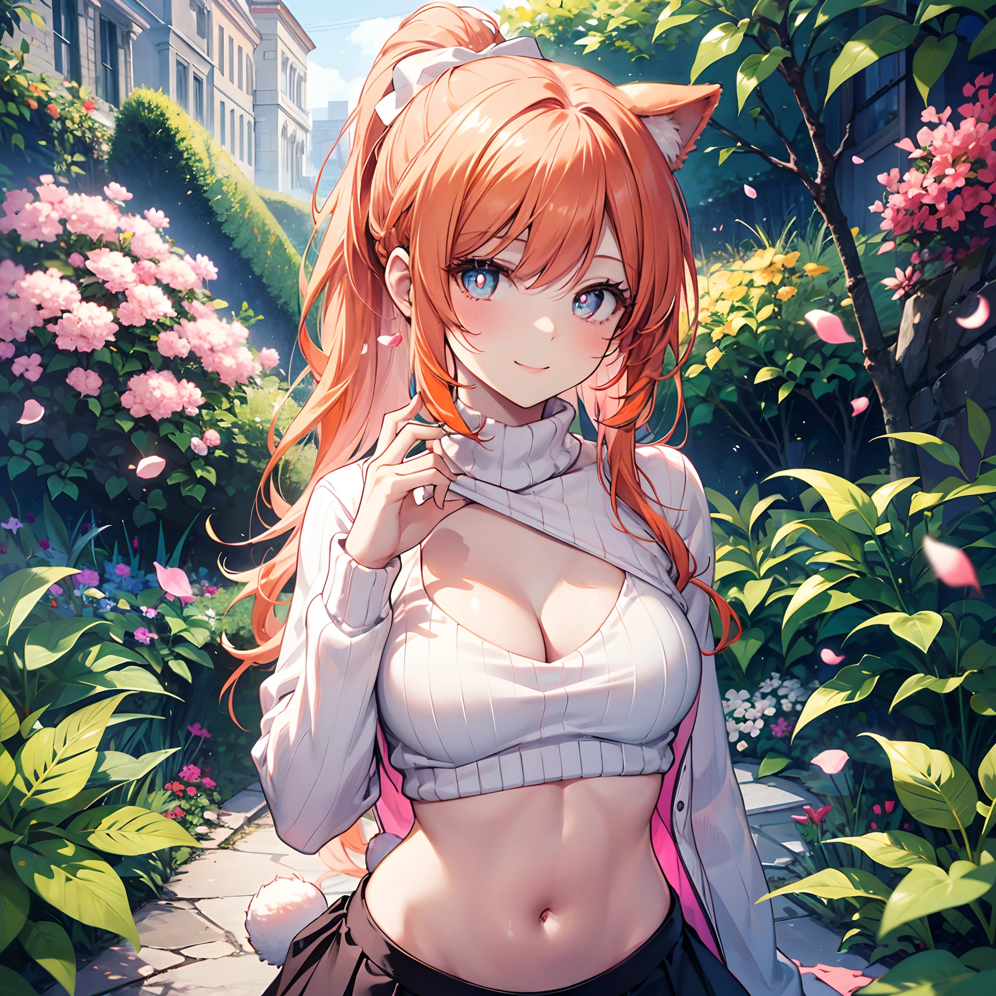 Realistic and detailed image of a girl dressed in a pink sweater with no cleavage and white mini skirt with pleats. She has long orange hair with a ponytail hairstyle. She has emerald eyes with heart-shaped pupils. She has bunny ears and tail, long eyelashes and a playful smile. She has medium breasts, slim waist, wide hips and thick thighs. She is posing with her hands hidden. She is a Garden with flower petals falling around her