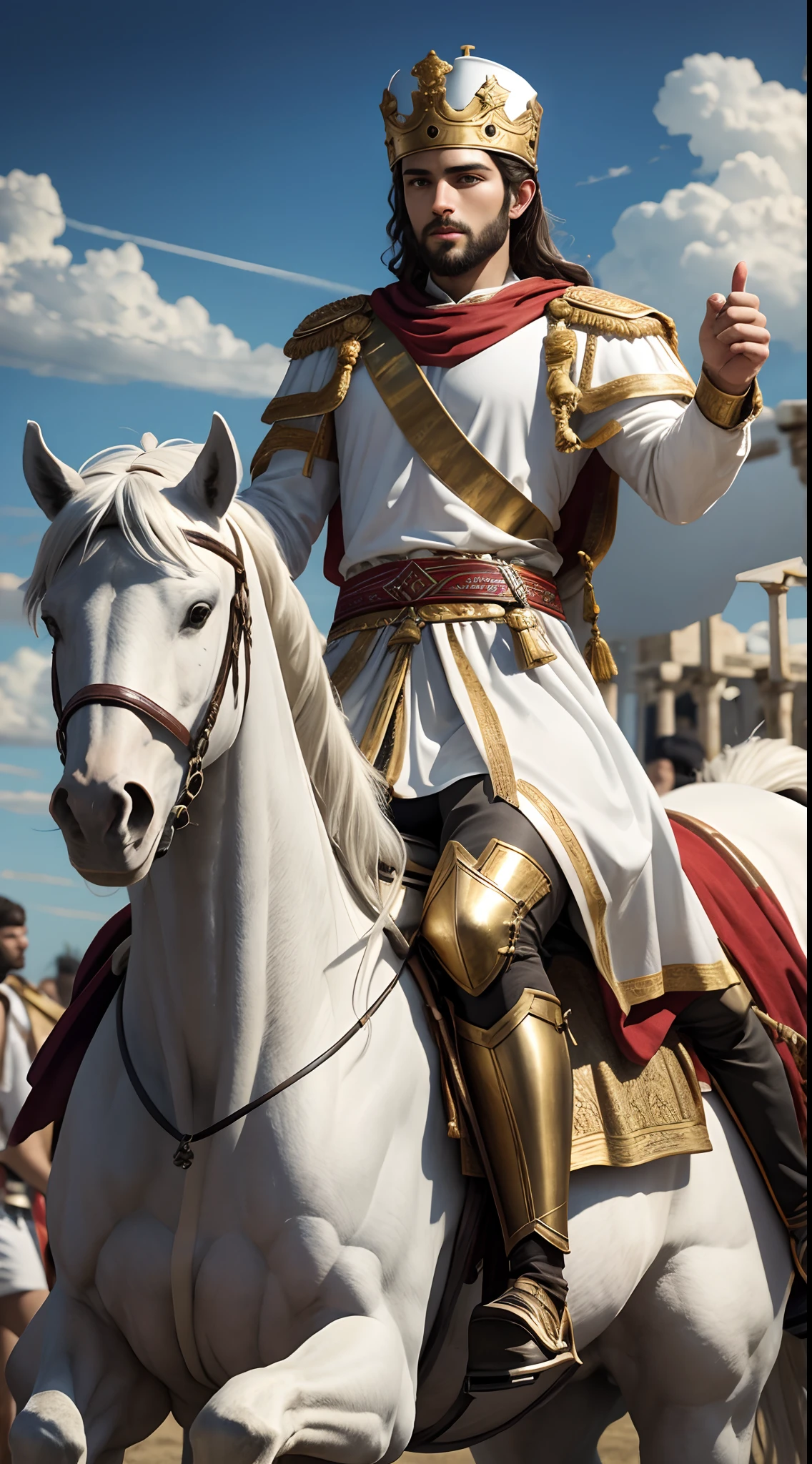 Greek young king riding a white horse,