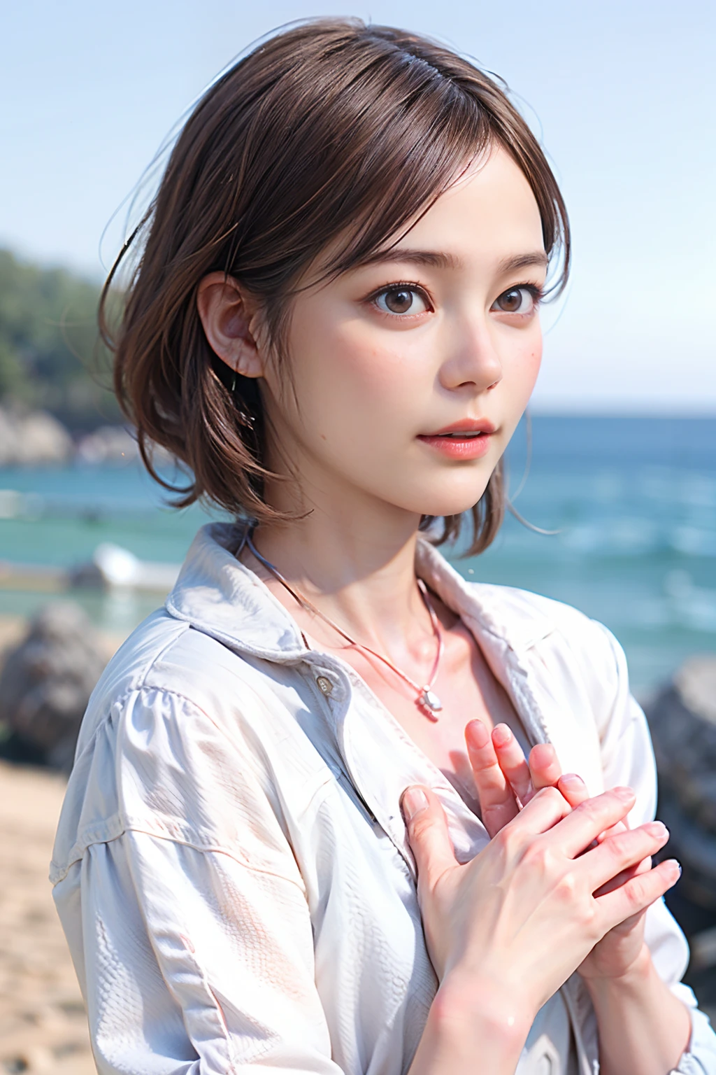 34
(Shorthair:1.23), (30-year-old woman with), (A hyper-realistic), (masutepiece), (8KUHD), Being on the coast, (Breast:1.23), serene expressions