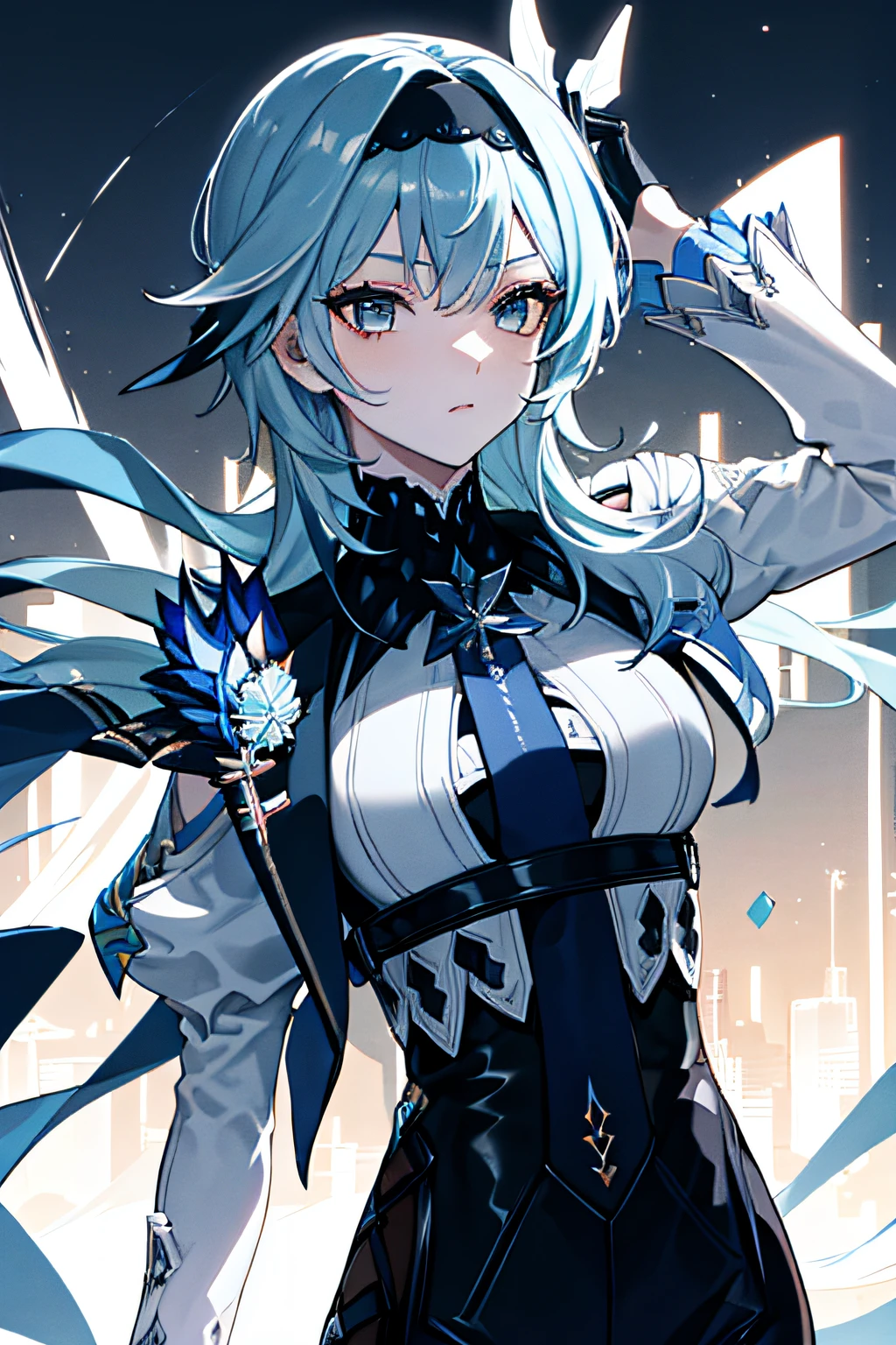 {{{{masterpiece}}}}, {{{hyper detailed}}}, {{{highres}}}, {{good anatomy}}, (((best quality))), ((an extremely delicate and beautiful)), {{an extremely detailed and delicate}}, {8k cg wallpaper}, {stunning art}, {{illustration}}, {amazing}, original, mature, ((half-body shot)), ((pale skin)), intricate, (depth of field), highly detailed body, (((masterpiece))), (extremely high quality artwork), detailed face, masterwork, best quality, incredibly absurdness, ((best quality)), (ultra-detailed), (beautiful detailed eyes), (((Galaxy eyes))), ((bored eyes)), Helf-lid eyes, hyper intricate, extremely detailed girl, beautiful detailed eyes, vibrant eyes, ray tracing, [[[vibrant colors]]], from waist up, girl, sharp focus, [[best quality]], illustration, dynamic angle, depth of field, dynamic light, 1girl, (( long hair, straight hair)), blue hair, hair, silky hair, dynamic hair, medium breasts, (blue eyes), sharp eyes, long eyelashes, ((white shirt)), black tie, casual shirt, frown, bored expression, dynamic lights, god rays, cinematic lightning, (ultra-detailed:1.3), cloudy background, concrete floor
(magazine:1.3), (cover-style:1.3), fashionable, woman, vibrant, outfit, posing, front, colorful, dynamic, background, elements, confident, expression, holding, statement, accessory, majestic, coiled, around, touch, scene, text, cover, bold, attention-grabbing, title, stylish, font, catchy, headline, larger, striking, modern, trendy, focus, fashion,
