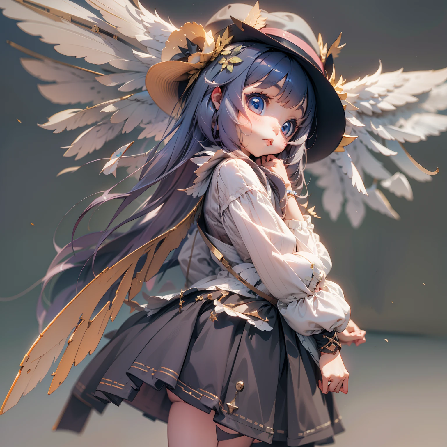 A cute girl with wings on her back and a hat，3d anime girl，3d effect，Full body like，super detailing