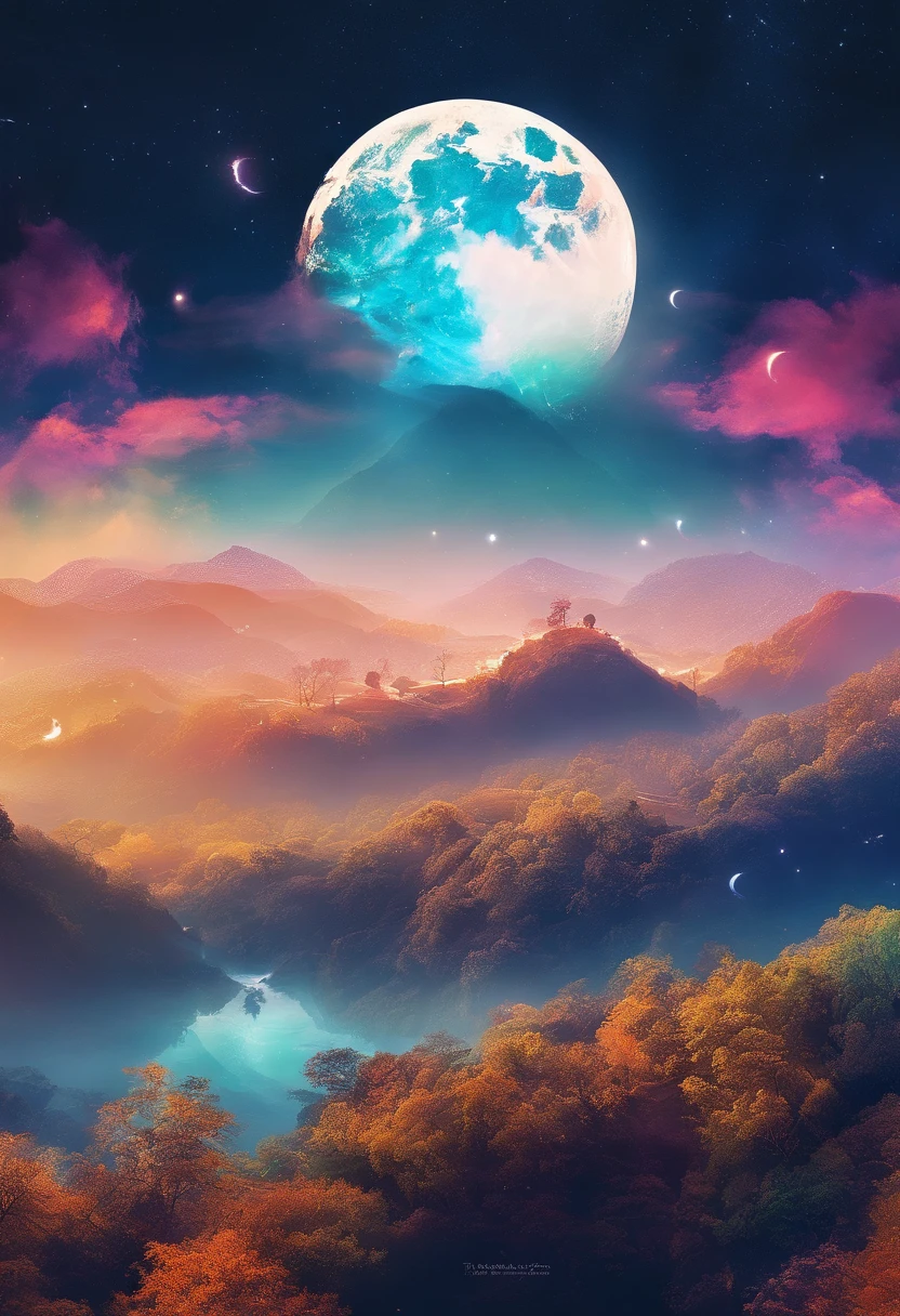 (Tang Feng),(Steep cliffs illuminated by the huge moon),Sky blue fluorescence,(Taolin),(Lake mirror),Ultra-long viewing angle,Early morning background,Phoenixes flying in the air,ultraclear,Cinematic texture