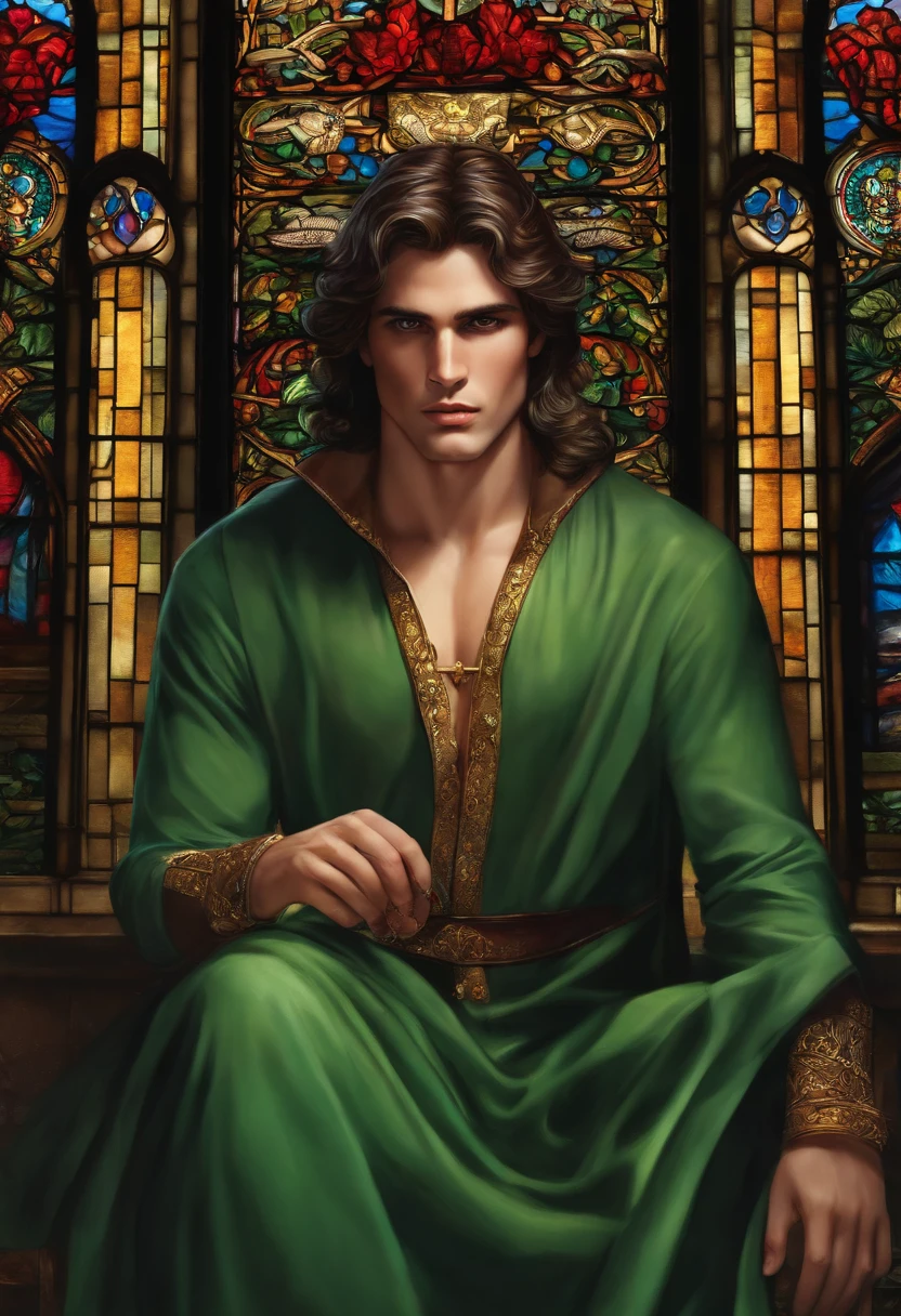 1man, green top, dark brown hair, stained glass, brilliant colors, masterpiece, best quality, detailed eyes, detailed lips, detailed clothes, (black eyes: 1.2), very realistic face, sexy spread lap