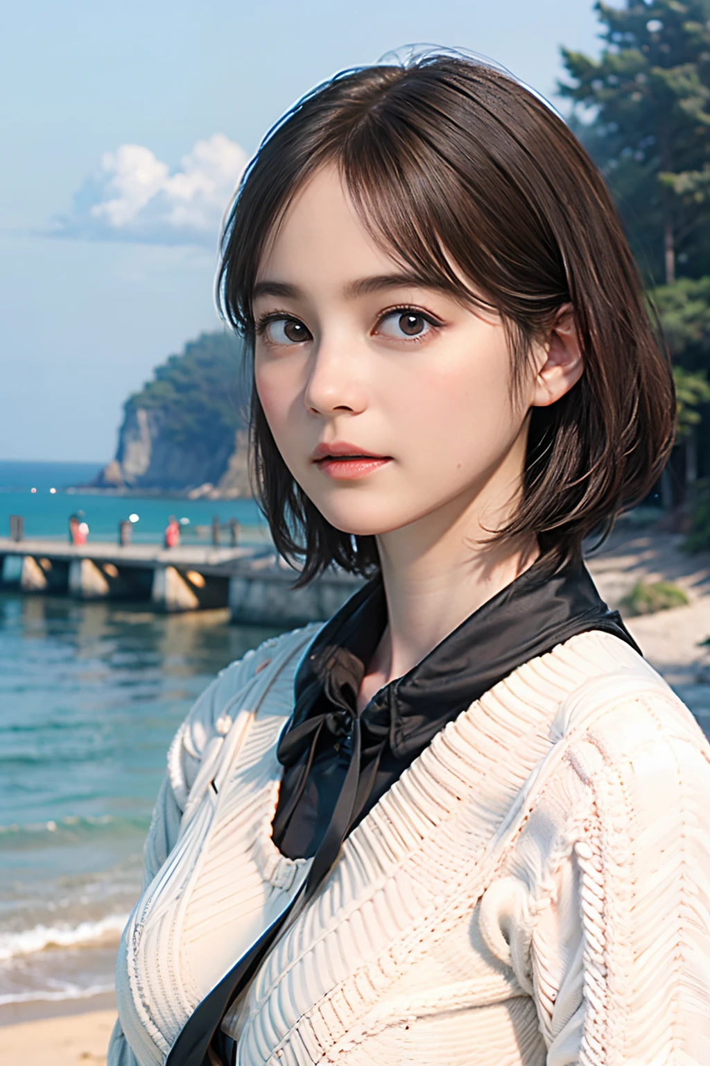 34
(Shorthair:1.23), (30-year-old woman with), (A hyper-realistic), (masutepiece), (8KUHD), Being on the coast, (Breast:1.23), serene expressions