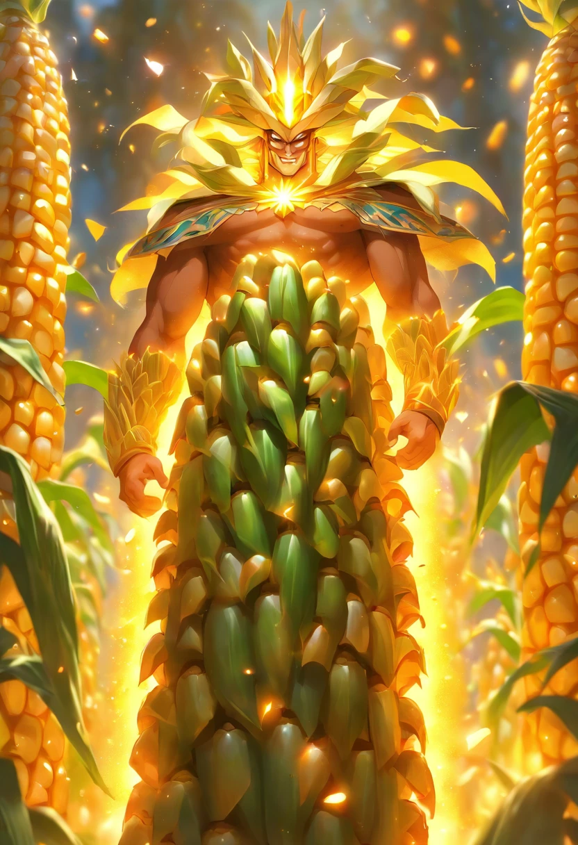 (((Corn God))) best quality, very high resolution, 4K detailed CG, masterpiece, Aztec mythology, Centeotl,cornfield, cornfield,Mexico, Aztec clothing, Aztec city, ((standing pose) ), aesthetic, beautiful image, centered on screen, standing pose
