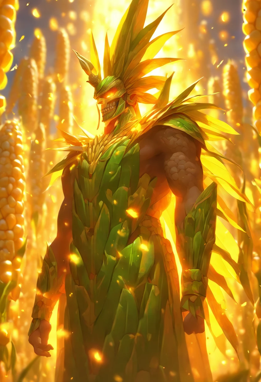 (((Corn God))) best quality, very high resolution, 4K detailed CG, masterpiece, Aztec mythology, Centeotl,cornfield, cornfield,Mexico, Aztec clothing, Aztec city, ((standing pose) ), aesthetic, beautiful image, centered on screen, standing pose