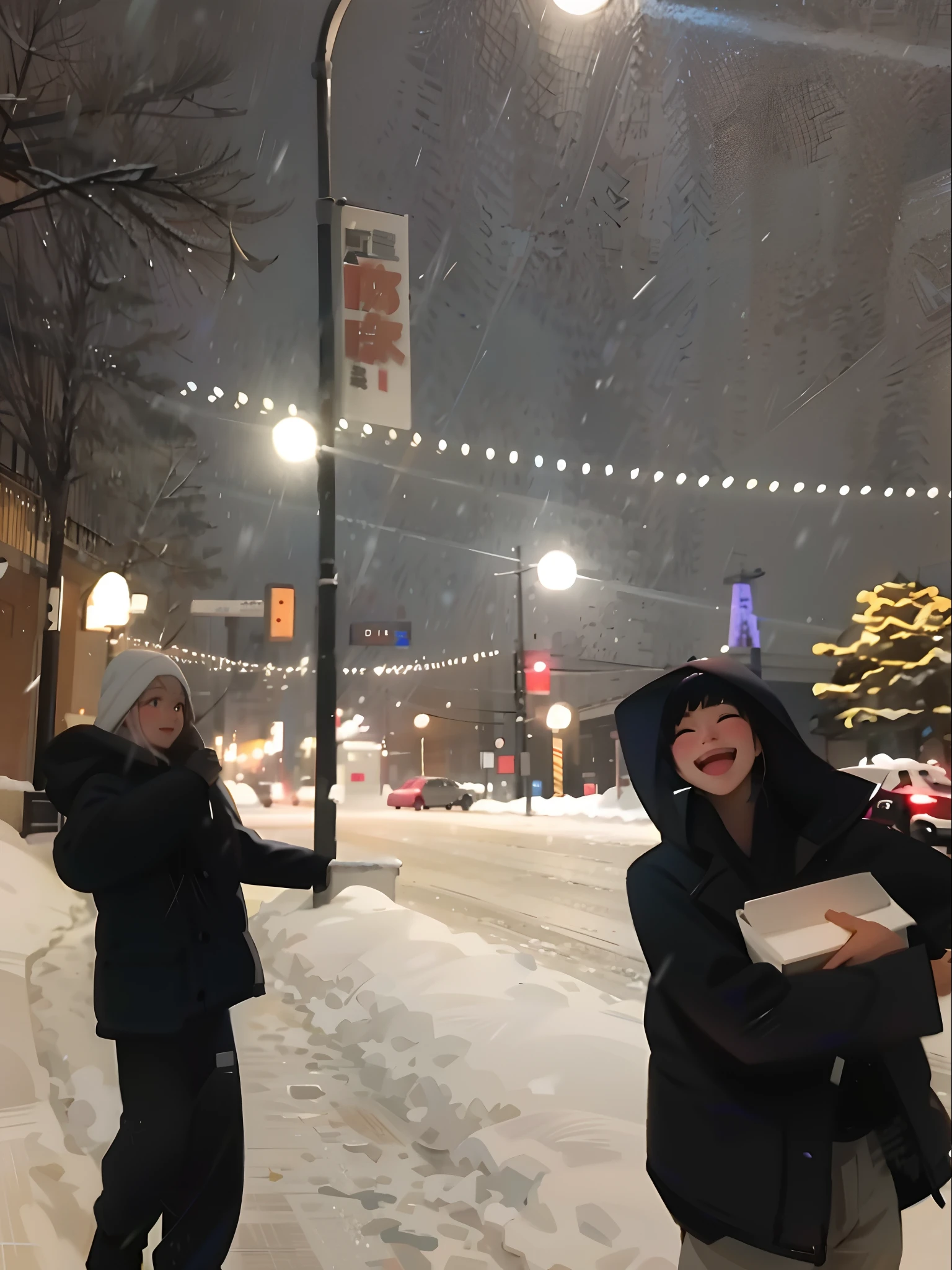 Two people walking on the snow street in the snowy night, snowing outside, snowfall at night, only snow in the background, perfect lighting in a snow storm, KDA和Sam Yang。, in the middle of a snow storm, It snows in the city,It snowed a lot, snowy night, cheerfulness!!!, during snowfall, non blurry, low quality photo, In the snow
