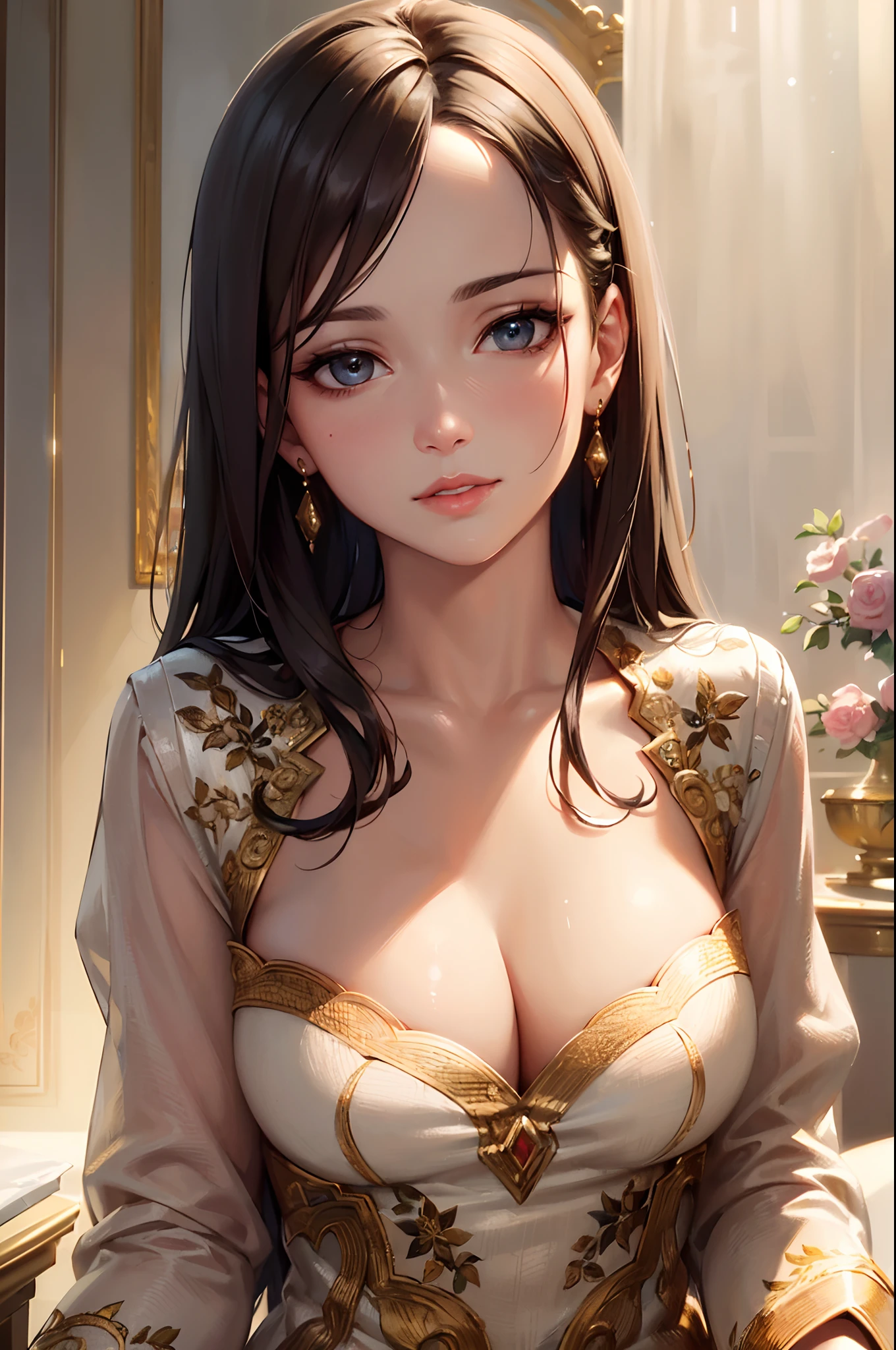 (best quality, high-res, ultra-detailed, realistic), oil painting, detailed eyes, detailed lips, delicate facial features, vibrant colors, soft lighting, elegant pose, serene expression, refined beauty, flowing dress, dynamic brushstrokes, intricate floral patterns, golden accents, lifelike texture, professional artwork, professional studio lighting, romantic atmosphere.