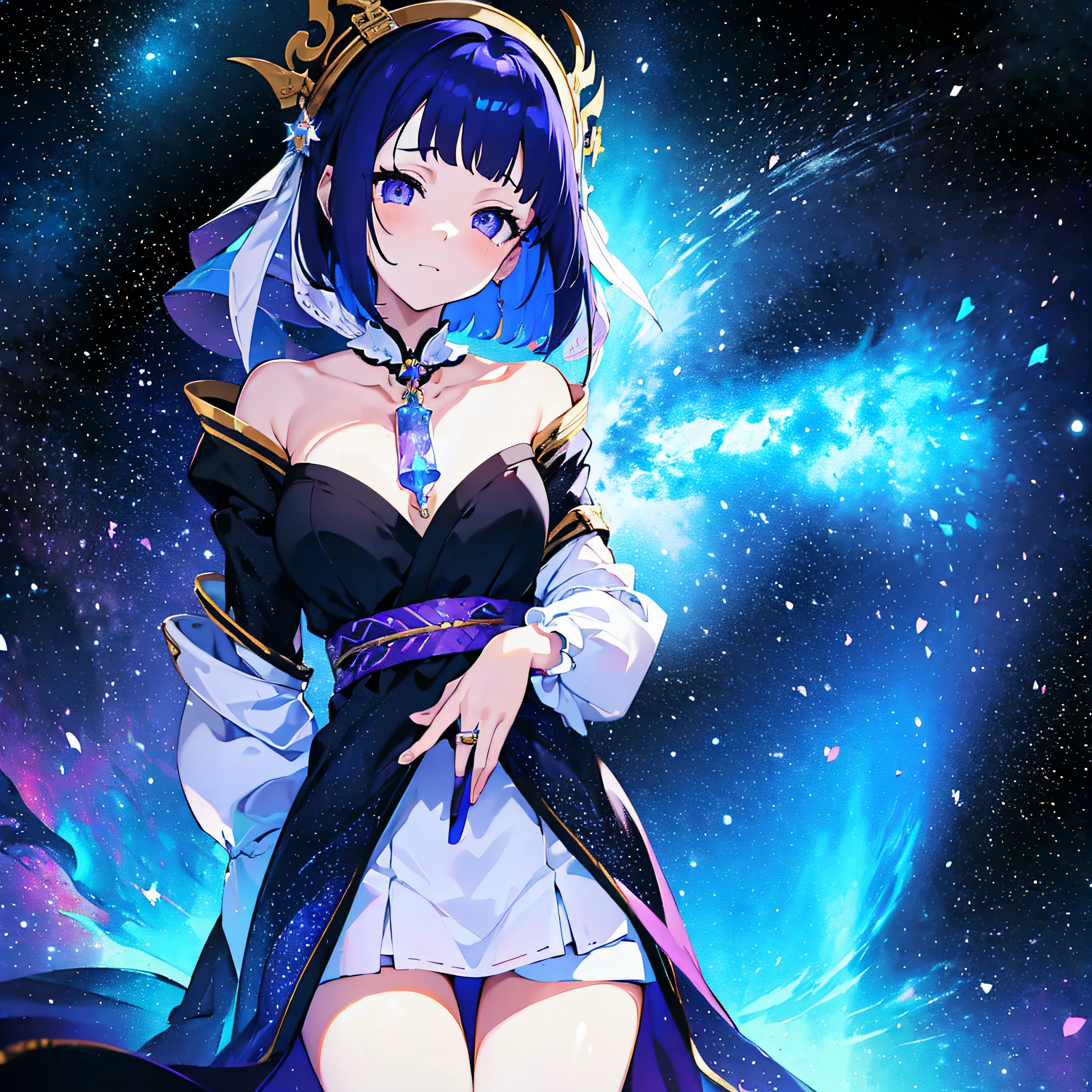 (masutepiece:1.3), (Best Quality:1.3), High resolution, Couboy Shot, on back, Sleeping, (One Cute Girl:1.3), Solo, White skin、 huge smile、angel ring on head、Angel Ring、eight-headed person, Purple hair, (bobhair:1.2), Mixed mesh and light blue、Short hair, (Blunt bangs:1.2), Beautiful hair, Eyes are purple, Miraculous Eye、Beautiful detailed eyes, ultradetailed eyes、Glitter eyes、octans,cloud,from the rear、Colorful starry sky,Stars,Iridescent aura around the eyes、Lie down and stick your hips out、Iridescent eyes、Narrowed eyes sucked in,Wearing a rainbow-colored aura from the whole body、purpleish color, Outdoors, Purple background, Shadow lighting,perfectbody、perfect hand(5 fingers)