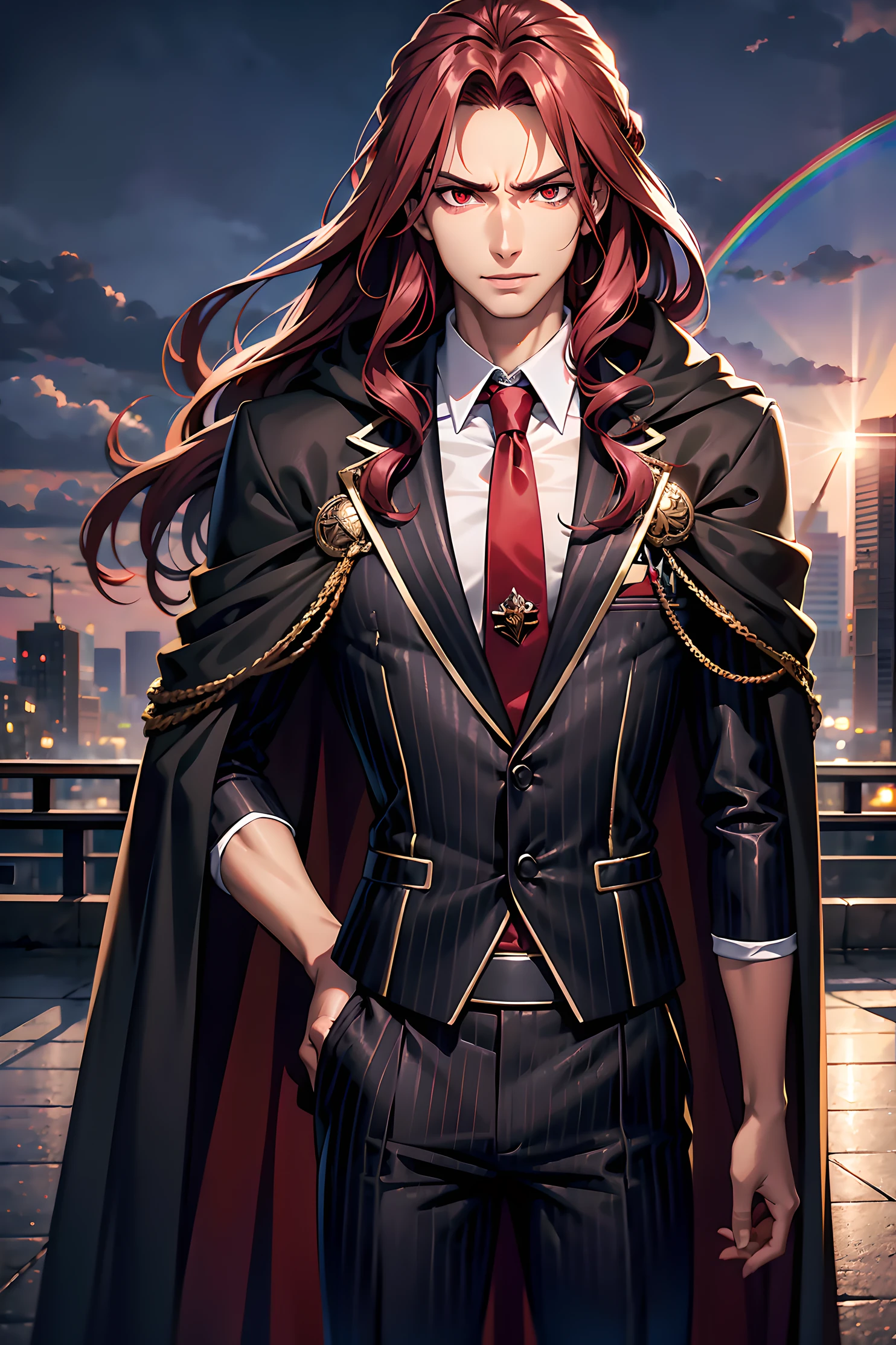 Best quality, masterpiece, 4k, 8k, ultrasharp, high quality, urban city, 1boy, boy, tall boy, fit body, looking at viewer, standing straight, angry smile, face focus, beautiful face, lips, nose, beautiful crimson-red eyes, anime eyes, pink long hair, hair tied, wearing black pinstriped suit with a tie, a red cloak/cape, black pants, a beautiful rainbow necklace, high resolution, ultrasharp, 4k, 8k, best quality pinstriped suit with a tie
