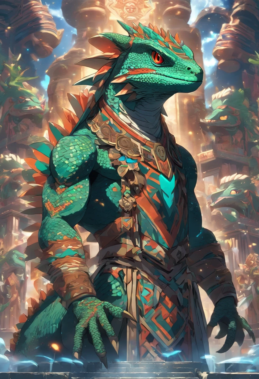 (((reptilian indigenous man))) best quality, very high resolution, detailed CG in 4K, masterpiece, woman, snake skin, amazon brazil, indigenous people, indigenous tribes, indigenous city, forest, aesthetics, beautiful image, centered on screen, full body