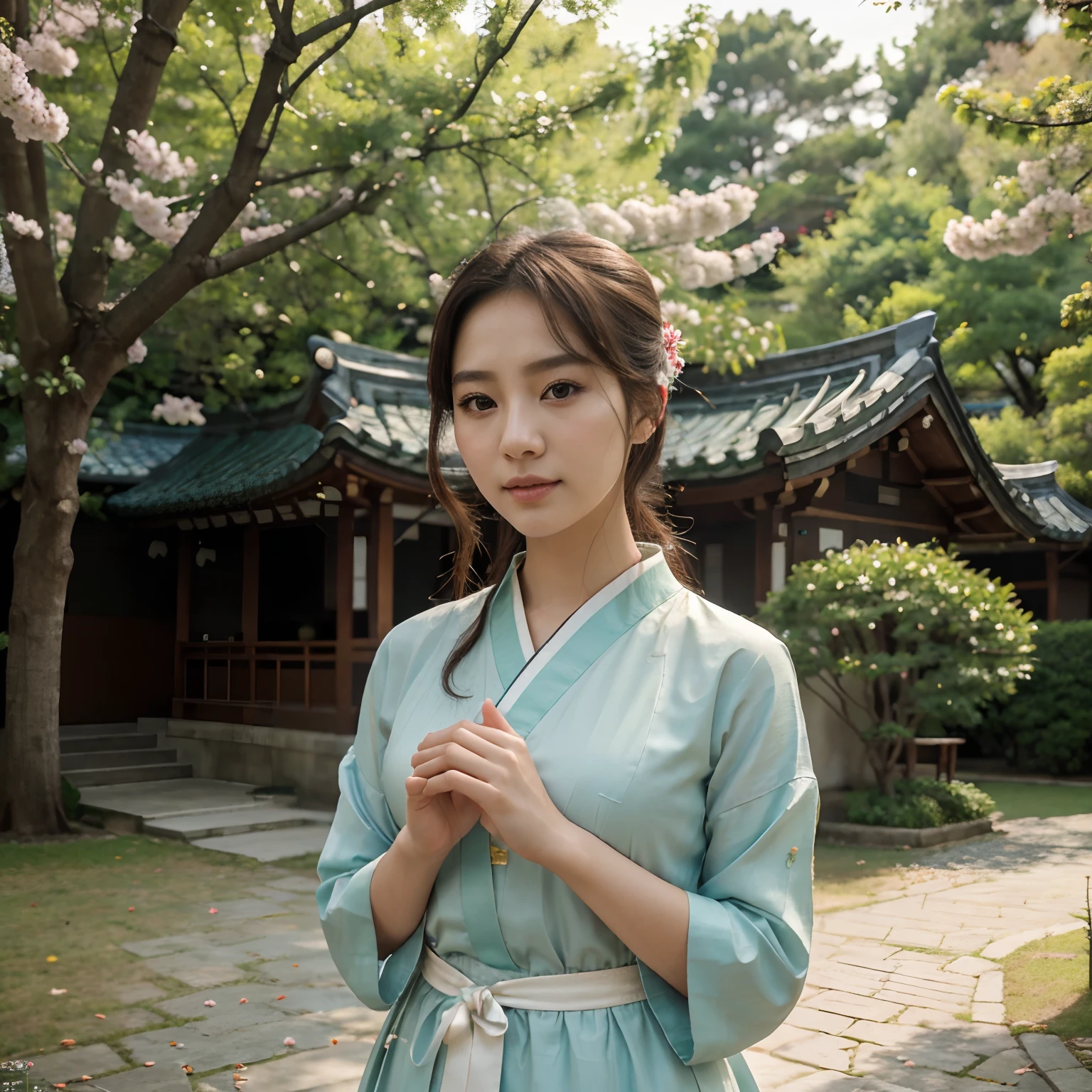(best quality,4k,8k,highres,masterpiece:1.2),ultra-detailed,(realistic,photorealistic,photo-realistic:1.37),Korean girl,25 years old,beautiful detailed eyes,beautiful detailed lips,extremely detailed face,long eyelashes,[traditional costume],[modern clothing],stylish hairstyle,confident posture,soft and glowing skin,natural makeup,flawless face,sparkling eyes,graceful gestures,subtle smile,lively expression,delicate hands and fingers,[colorful hanbok],[casual outfit],picturesque background,lush green garden,traditional Korean architecture,sunlight filtering through the trees,floating cherry blossom petals,faint sound of a traditional Korean instrument,motion blur effect,vibrant colors,pastel tones,warm and soft lighting,portrait style,meticulous brushwork,impressionistic style,hint of surrealism