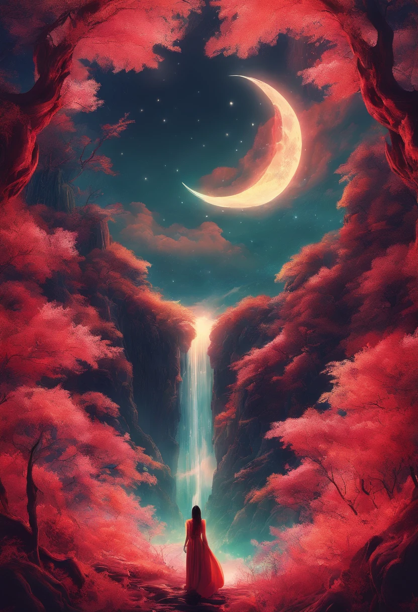 (Tang Feng),Moonlight peeks through the clouds,(Steep cliffs illuminated by the huge moon),Fire-red fluorescence,(Taolin),(Lake mirror),Ultra-long viewing angle,The phoenix flies in the air,ultraclear,Cinematic texture,Red peach forest