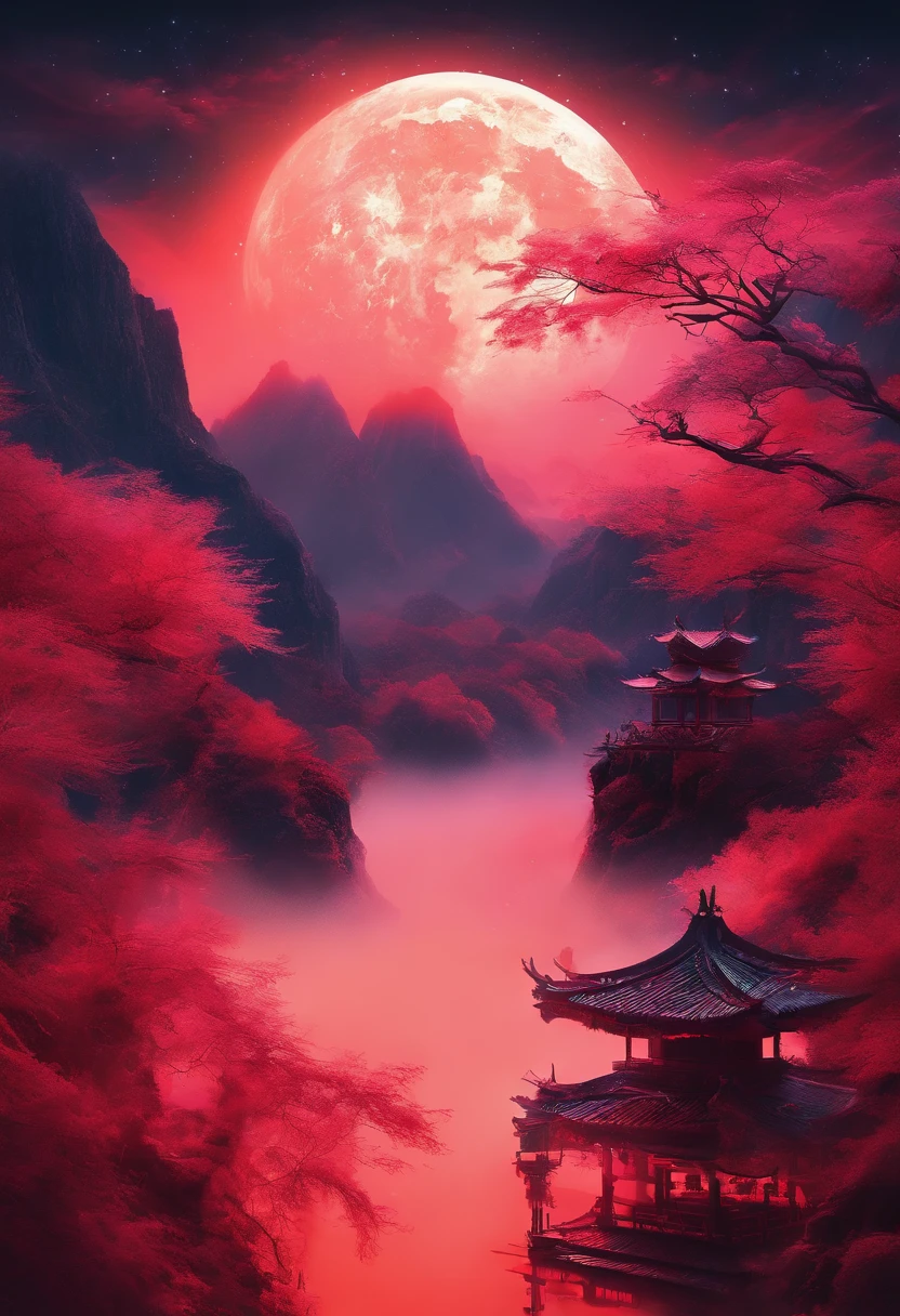 （Tang Feng），Moonlight peeks through the clouds，（Steep cliffs illuminated by the huge moon），Fire-red fluorescence，（Taolin），（Lake mirror），Ultra-long viewing angle，The phoenix flies in the air，ultraclear，Cinematic texture，Red peach forest