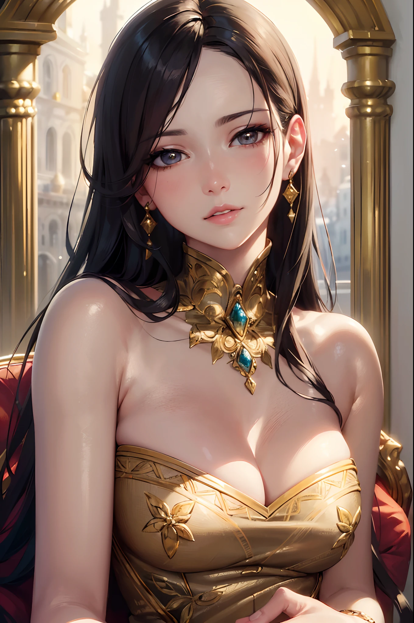 (best quality, high-res, ultra-detailed, realistic), oil painting, detailed eyes, detailed lips, delicate facial features, vibrant colors, soft lighting, elegant pose, serene expression, refined beauty, flowing dress, dynamic brushstrokes, intricate floral patterns, golden accents, lifelike texture, professional artwork, professional studio lighting, romantic atmosphere.
