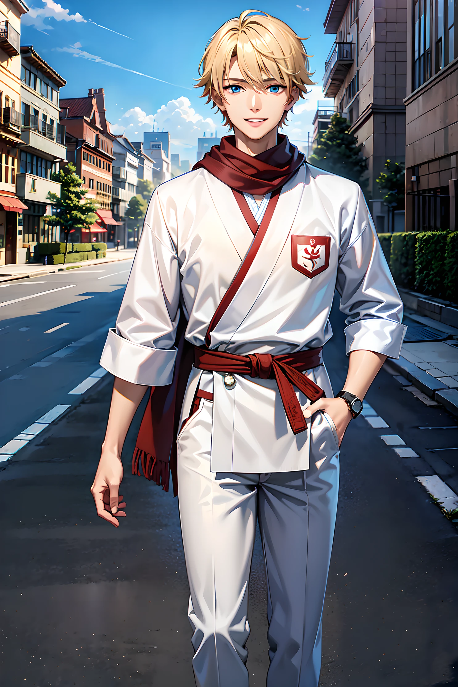 Best quality, masterpiece, high resolution, 8k, ultrasharp, 1boy, 17 year old boy, tall boy, looking at viewer, standing straight, beautiful face, lips and nose, smiling with teeth open, beautiful blue eyes, blonde fluffy hair, wearing white male kimono karate, black pants, red scarf wrapped around, karate red belt, a watch, standing in a urban city, high resolution, best quality, 4k, 8k, ultrasharp, high quality