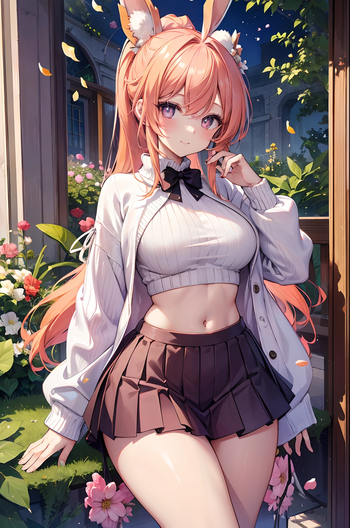 Realistic and detailed image of a girl dressed in a pink sweater with no cleavage and white mini skirt with pleats. She has long orange hair with a ponytail hairstyle. She has emerald eyes with heart-shaped pupils. She has bunny ears and tail, long eyelashes and a playful smile. She has medium breasts, slim waist, wide hips and thick thighs. She is posing with her hands hidden. She is a Garden with flower petals falling around her