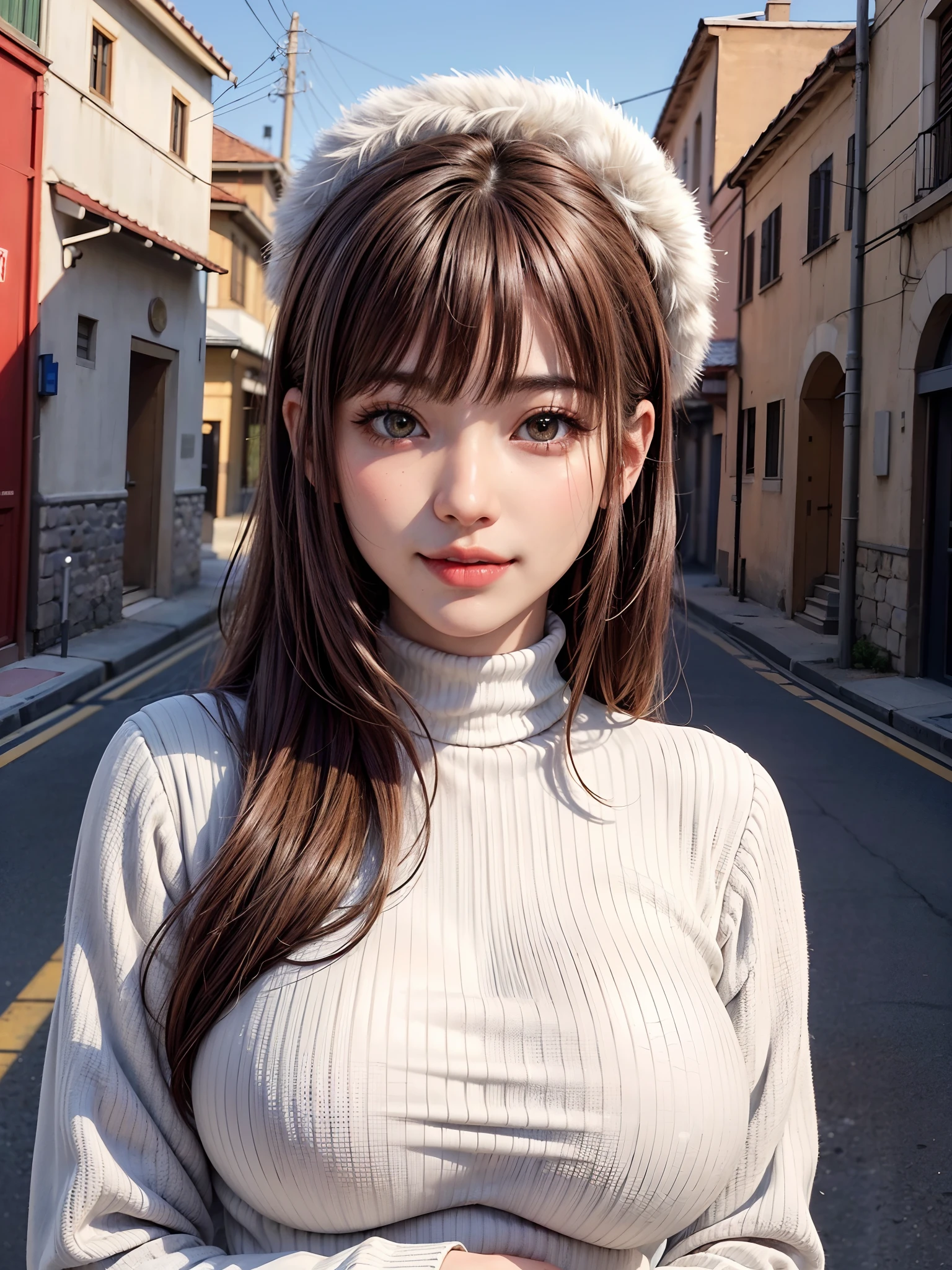 (masutepiece, top-quality、Very attractive adult beauty、Add intense highlights to the eyes、Look firmly at the camera、Beautiful woman full of adult charm),1girl in, 独奏, Light brown shiny hair, muffler,Santa Claus hat,realisitic, looking at the viewers, Bright colored crystal light blue eyes, short shiny hair, Santa Claus's coat, Santa Claus costume in a turtleneck with a hole in the chest,Sexy turtleneck knitted sweater with round hole in the center of chest、 s lips, lipgloss,bangss, The upper part of the body、big eye、Lashes、The face is a little red、Embarrassing)、((Road system in Italy in winter))、((Shorthair with bangs、big eye、Put very strong highlights in your students、{Gigantic|Big|Huge|Mega} breasts、very Bigger breasts、gazing at viewer、Very beautiful beauty、Put your ears out、long neck、little smiling、Beautiful teeth、Open your mouth and smile))、28 year old、Very cute supermodel、