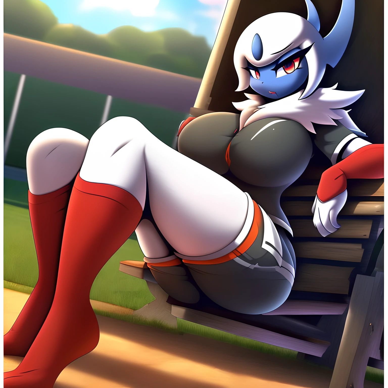 1girl (Made by R-MK), (Absol),woman, ((solo)), ((big and firm breasts, antrum, extremely detailed, extremely detailed legs, extremely detailed arms, extremely detailed face, perfectly detailed eyes, perfectly detailed anatomy)) (Wearing Blue Soccer France Jersey), (White Shorts and Red socks)