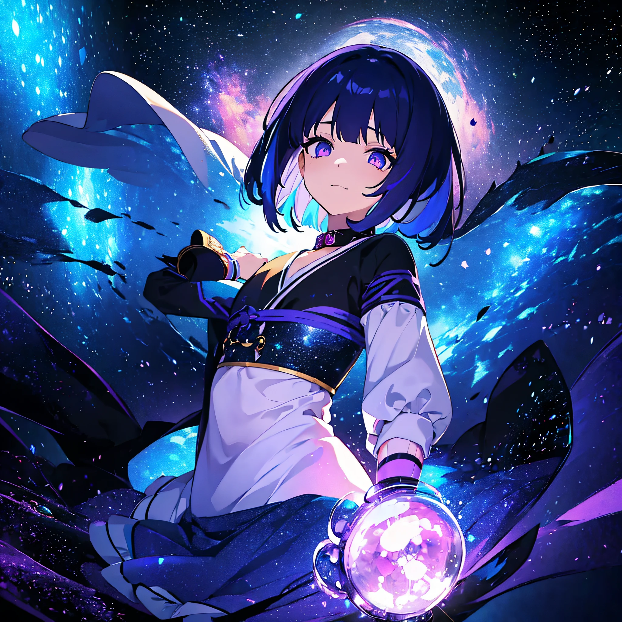 (masutepiece:1.3), (Best Quality:1.3), High resolution, Couboy Shot, on back, Sleeping, (One Cute Girl:1.3), Solo, White skin、 huge smile、Angel Ring、eight-headed person, Purple hair, (bobhair:1.2), Mixed mesh and light blue、Short hair, (Blunt bangs:1.2), Beautiful hair, Eyes are purple, Miraculous Eye、Beautiful detailed eyes, ultradetailed eyes、Glitter eyes、octans,cloud,from the rear、Colorful starry sky,Stars,Iridescent aura around the eyes、Lie down and stick your hips out、Iridescent eyes、Narrowed eyes sucked in,Wearing a rainbow-colored aura from the whole body、purpleish color, Outdoors, Purple background, Shadow lighting,perfectbody、perfect hand(5 fingers)