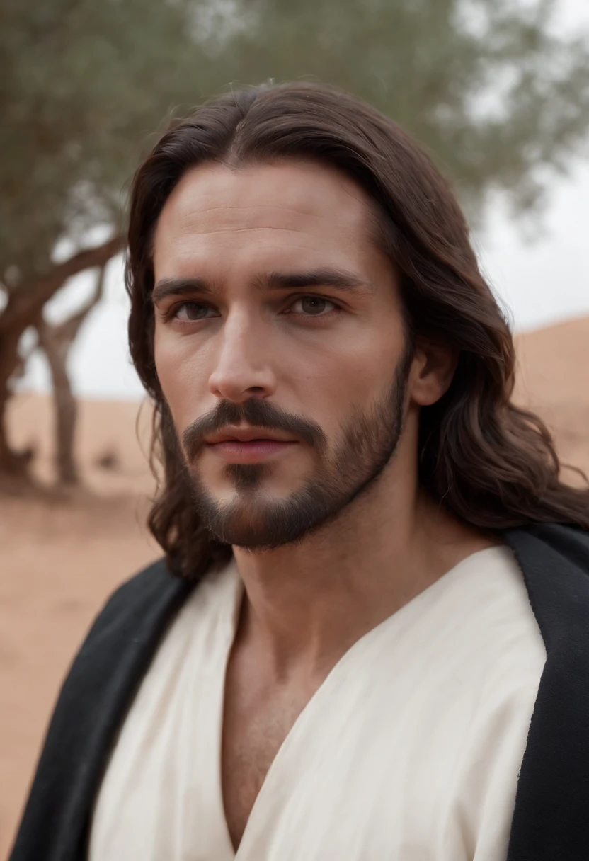 Jesus Cristo no deserto de frente ao diabo, The devil is dressed in a black suit with a black overcoat, Jesus is in white robes, o diabo encara Jesus com uma cara furiosa, enquanto Jesus encara o diabo com uma cara serena e confiante. Very wide and panoramic image