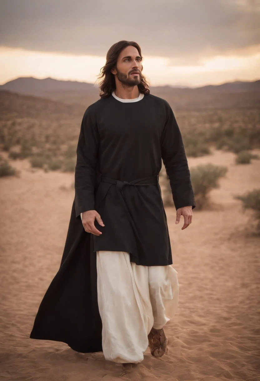 Jesus Cristo no deserto de frente ao diabo, The devil is dressed in a black suit with a black overcoat, Jesus is in white robes, o diabo encara Jesus com uma cara furiosa, enquanto Jesus encara o diabo com uma cara serena e confiante. Very wide and panoramic image