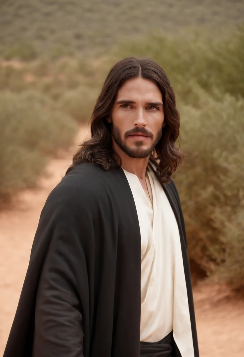 Jesus Cristo no deserto de frente ao diabo, The devil is dressed in a black suit with a black overcoat, Jesus is in white robes, o diabo encara Jesus com uma cara furiosa, enquanto Jesus encara o diabo com uma cara serena e confiante. Very wide and panoramic image