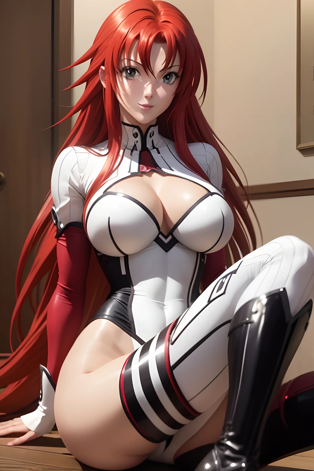 Rias Gremory wearing Power Girl Costume, Disfraz de Power Girl, superhombre, Superchica, rias gremory, Traje blanco, Capa roja, botas rojas, hermoso cuerpo, escote, capa ondeando, sonriendo, muslos descubiertos