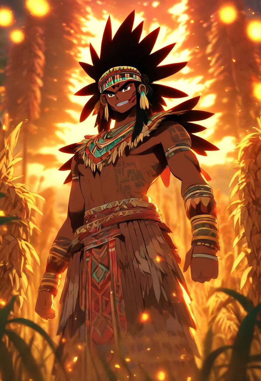 best quality, very high resolution, 4K detailed CG, master piece, Aztec mythology, Centeotl,cornfield, cornfield,Mexico, Aztec clothing, Aztec city, ((standing pose) ), aesthetic, Beautiful image, centered on screen, standing pose