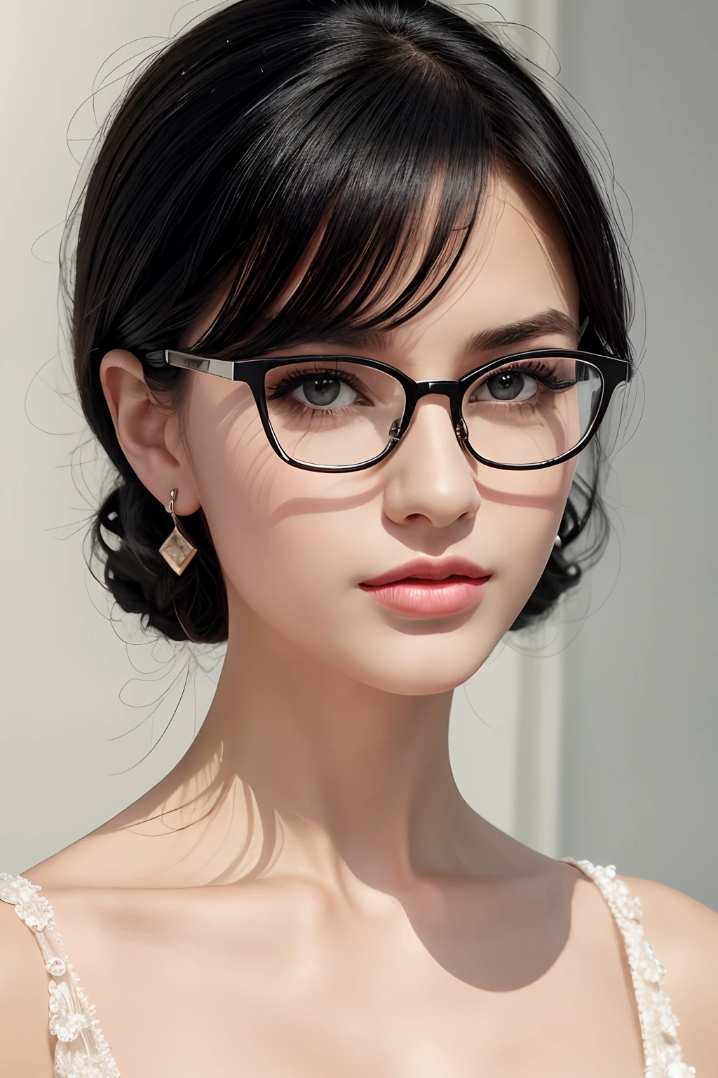 black hair, eyeglasses, stud earrings, vintage, Feminine, 8K, Masterpiece, Best Quality, great details) , (high saturation, best shadows, best light, Extremely delicate whitening) Dark Style