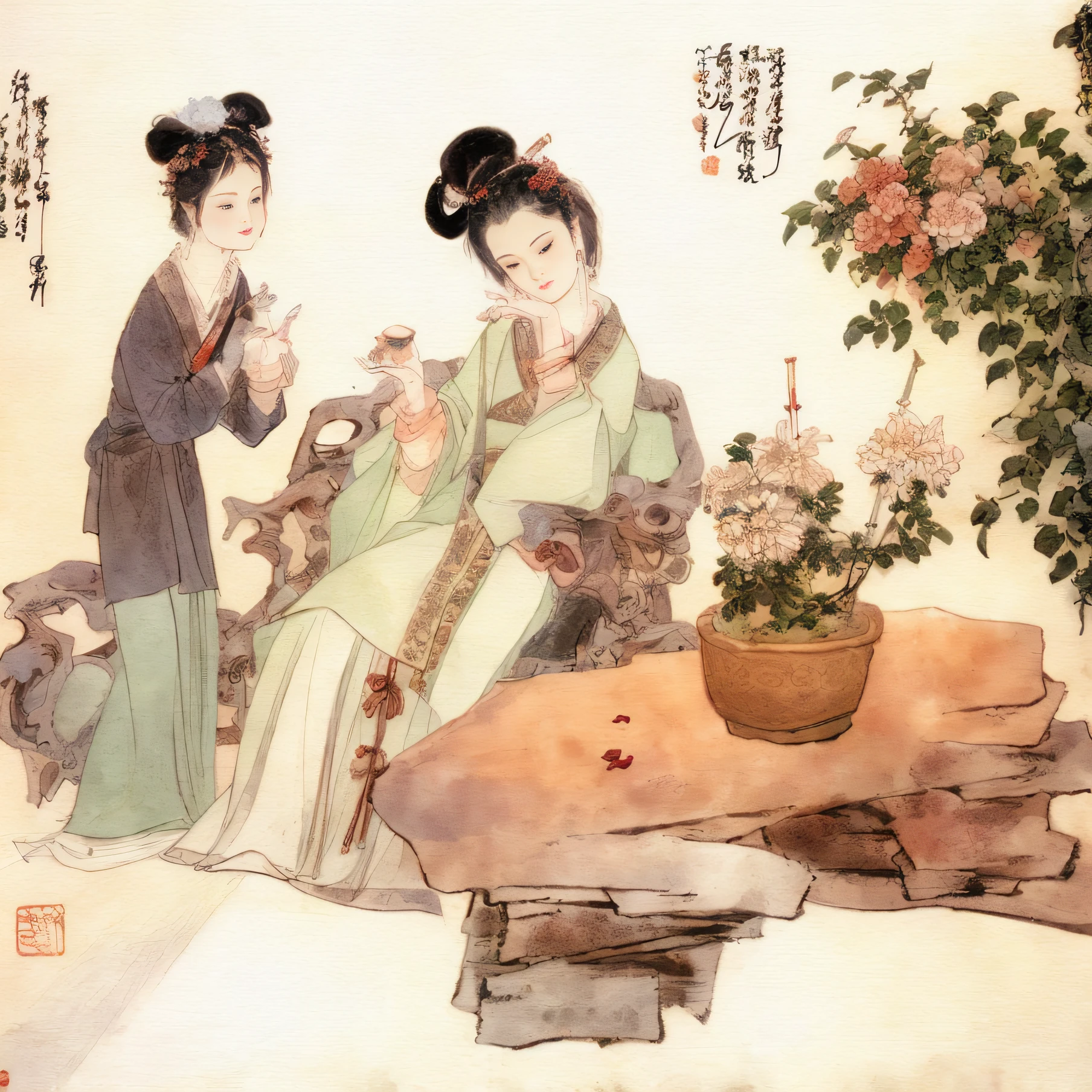 Masterpiece, Best quality,(full bodyesbian:1.3), Solo,chinese paintings,Beautiful face and eyes details of Chinese girl, Perfect skin,make happy expressions,Holding a wine glass in his hand,clean color,Low-saturation colors,Colors of low brightness,rich details​,Ancient Chinese Ming dynasty style,Quiet and elegant atmosphere,The red tone is the keynote,Pure,light make-up,Jade jewelry,hair adornments,Colorful,sharp and clear focus,instagram most viewed, Concept artist, Depth of field,flower,Bush