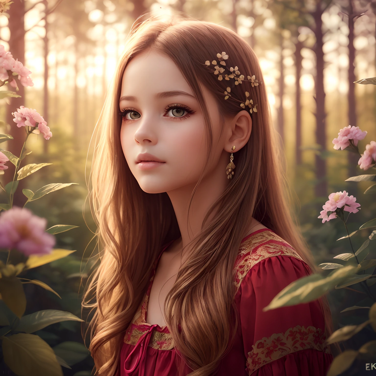 6-year-old girl in red dress, Standing in a forest with flowers in the background, Embodies innocence and wonder in her expression, Basking in the warm golden sunshine, A dreamy and imaginative atmosphere created by soft pastel colors and slightly blurry effects. (Best Quality,4k,8K,high resolucion,Masterpiece:1.2),Ultra-detailed,(realisitic,Photorealistic,Realistis:1.37),Illustration,woods,Beautiful detailed eyes,Beautiful details lips,extremely detailed eyes and face,long eyeslashes,peaceful,serene,enjoyable,One Girl,A cool,ethereal,The perfect combination of girl and nature,Magical,mystical,subtle lighting,Vivid colors,Bokeh.