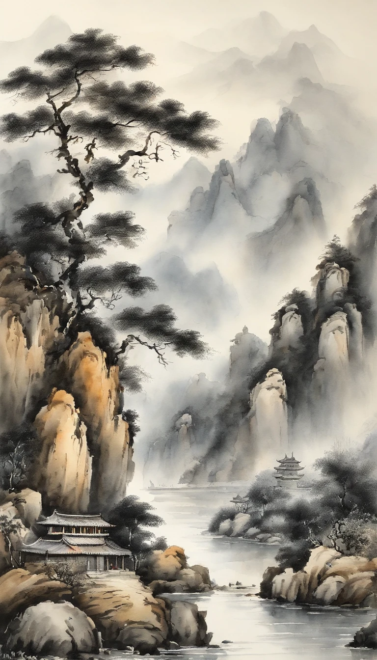 Chinese landscape painting, ink and watercolor paintingwater inkFaraway viewUltra-wide viewing angle, Meticulous, Beautifully depicted,detailed,acurate,Works of masters, masterpiece, mountains and ocean, coffee shop