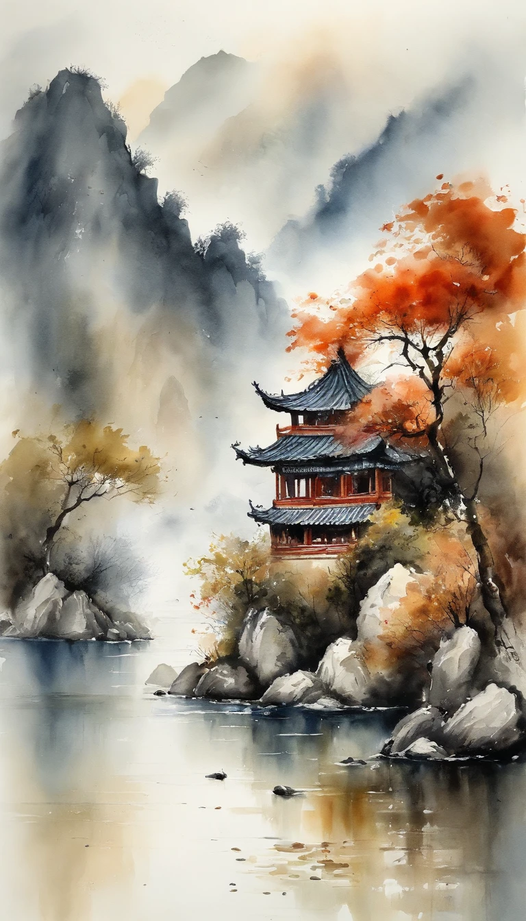 Chinese landscape painting, ink and watercolor paintingwater inkFaraway viewUltra-wide viewing angle, Meticulous, Beautifully depicted，detailed，acurate，Works of masters, masterpiece, mountains and ocean, coffee shop