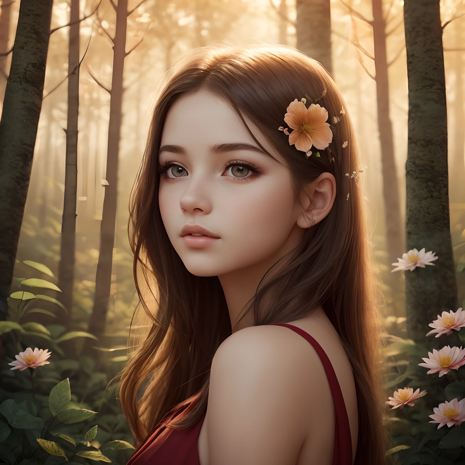 A girl wearing a red dress, standing in a forest with flowers in the background, embodying innocence and wonder in her expression, bathed in warm golden sunlight, with a dreamy and imaginative atmosphere created by soft pastel colors and a slightly blurred effect. (best quality,4k,8k,highres,masterpiece:1.2),ultra-detailed,(realistic,photorealistic,photo-realistic:1.37),illustration,forest,beautiful detailed eyes,beautiful detailed lips,extremely detailed eyes and face,long eyelashes,peaceful,serene,joyful,one girl,stunning,ethereal,seamless blend between girl and nature,magical,mystical,subtle lighting,vivid colors,bokeh.