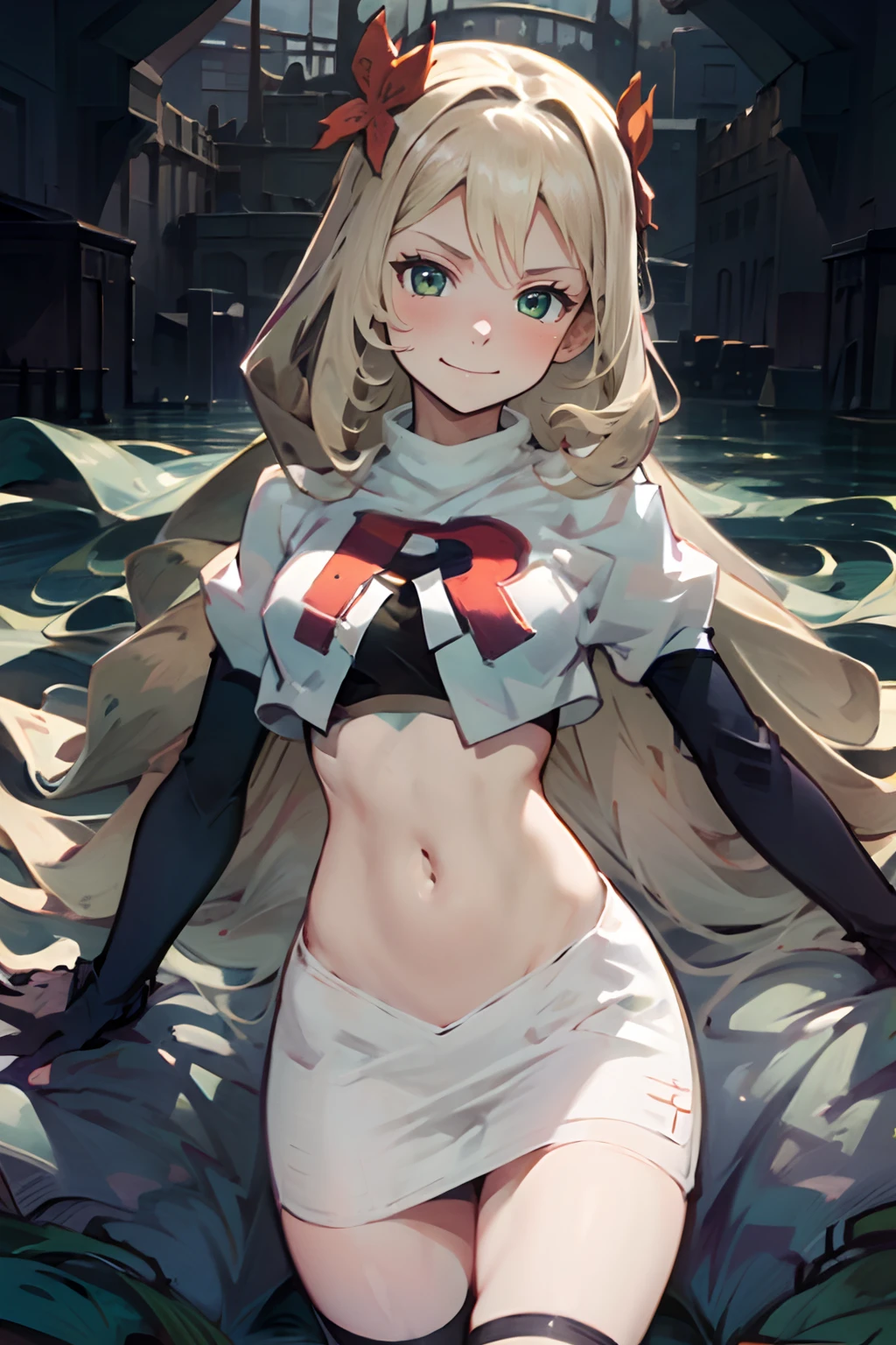 celinefe,1girl,team rocket,team rocket uniform,white skirt,crop top,black thigh-highs,black elbow gloves ,evil smirk,