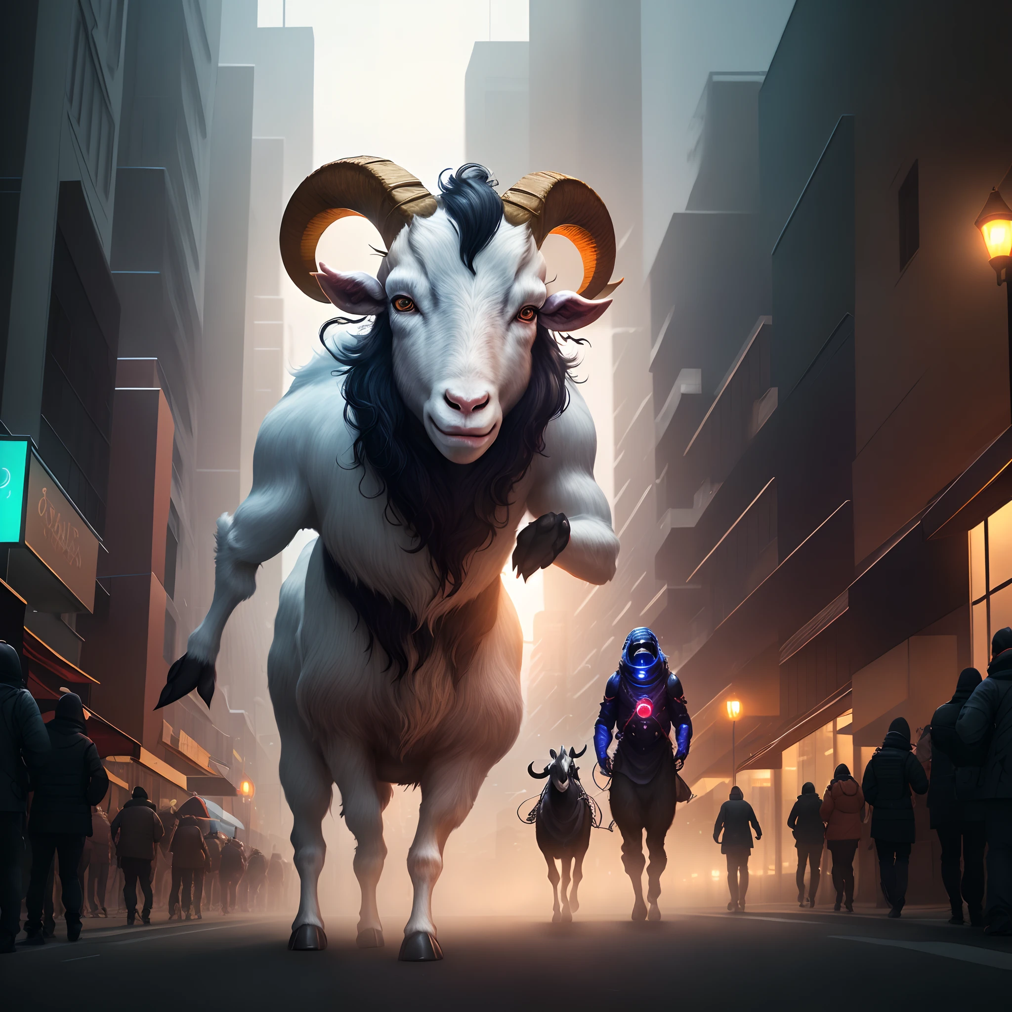 Goat demon Enhanced dynamic perspective,Evil alien creature invasion, with goat face,Hold the keyboard,Come to me,Future sci-fi city street,Street photography,Bright colors,dream magical,optic,high qulity,super-fine,Detailed pubic hair,Accurate,Cinematic lighting,OC renderer