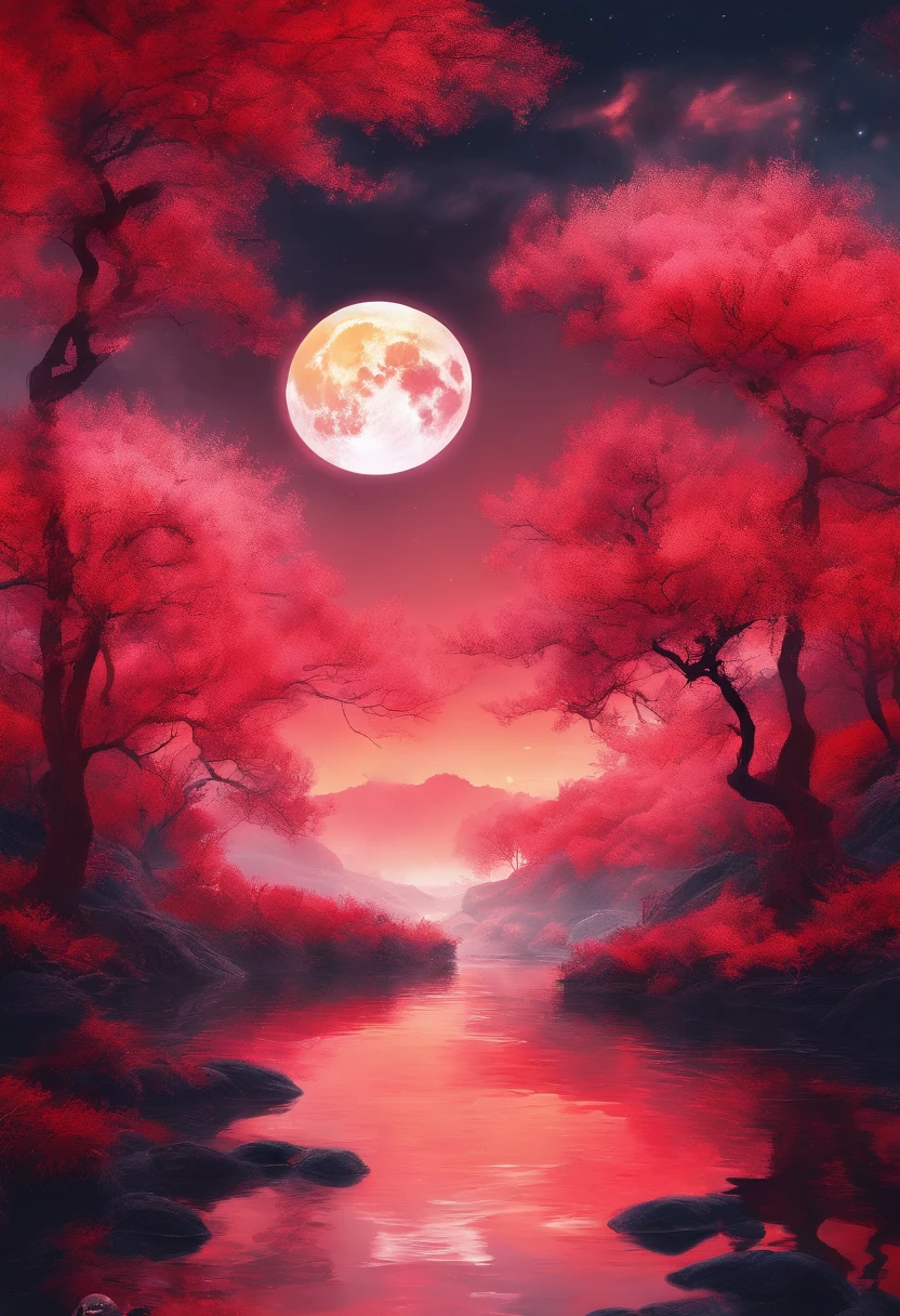 （Tang Feng），dream magical，Moonlight peeks through the clouds，（The huge moon shines on a fiery red phoenix），Fire-red fluorescence，（Taolin），（Lake mirror），Ultra-long viewing angle，ultraclear，Cinematic texture，Red Peach Forest