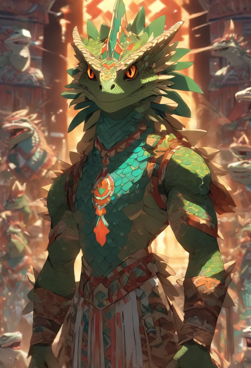 (((Lizard God))) best quality, very high resolution, 4K detailed CG, master piece, Aztec mythology, Aztec props,Aztec adornments,Xolotl, Mexico, Aztec clothing, Aztec city, ((standing pose)), aesthetic , Beautiful image, centered on the screen, standing pose