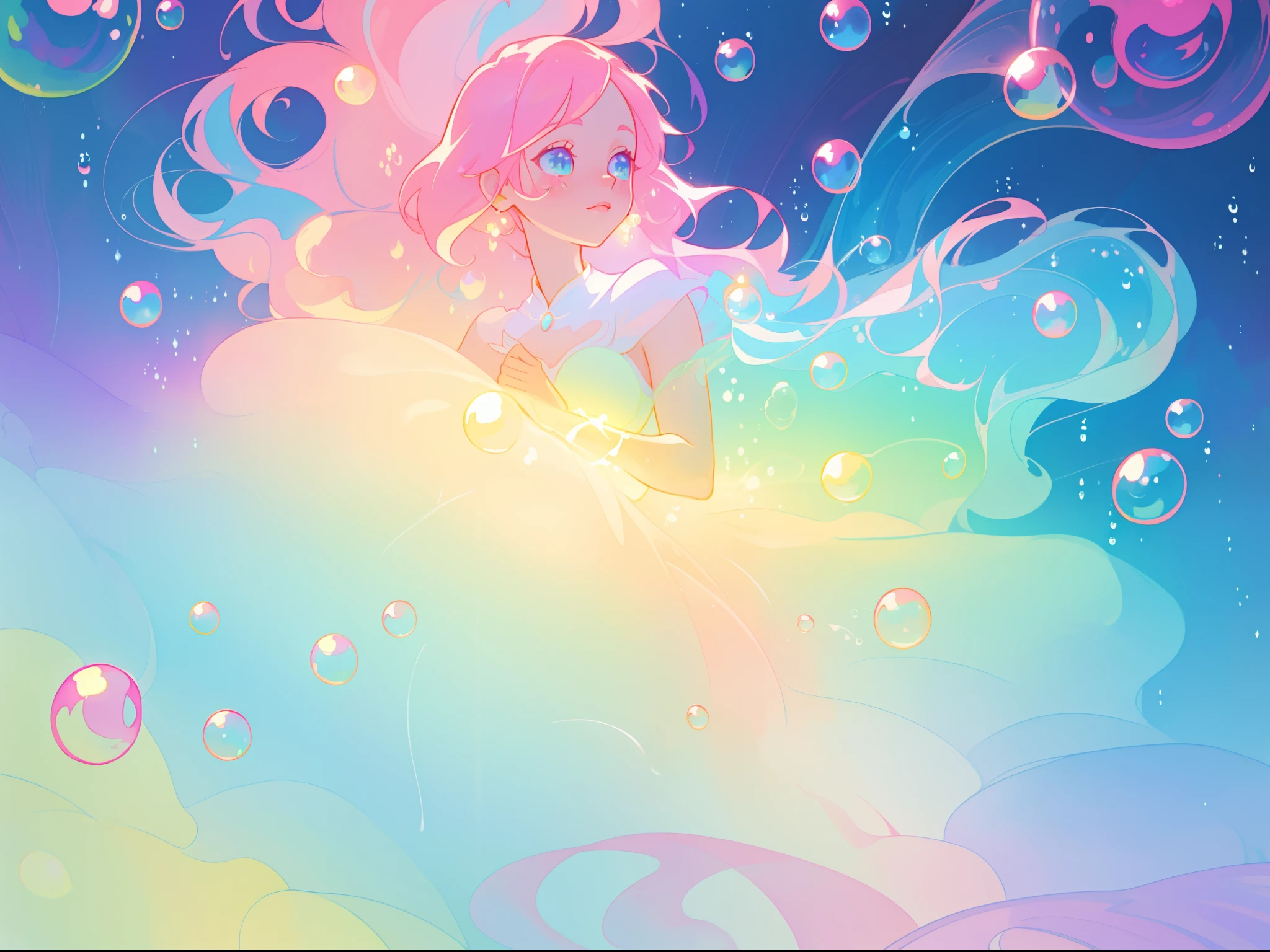 beautiful anime girl in colorful liquid dress, vibrant pastel colors, flowing long pink peach hair, beautiful white layered ballgown, (colorful), magical lights, sparkling lines of light, inspired by Glen Keane, inspired by Lois van Baarle, disney art style, by Lois van Baarle, glowing aura around her, by Glen Keane, jen bartel, glowing lights! digital painting, flowing glowing hair, glowing flowing hair, beautiful digital illustration, fantasia background, whimsical, magical, fantasy, beautiful face, ((masterpiece, best quality)), intricate details, highly detailed, sharp focus, 8k resolution, sparkling detailed eyes, liquid watercolor, (((bubbles)))