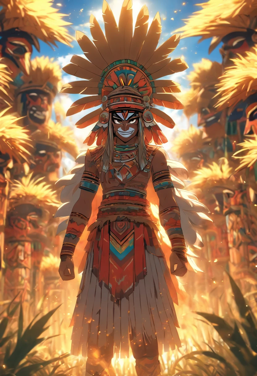 best quality, very high resolution, 4K detailed CG, master piece, Aztec mythology, Centeotl,cornfield, cornfield,Mexico, Aztec clothing, Aztec city, ((standing pose) ), aesthetic, Beautiful image, centered on screen, standing pose
