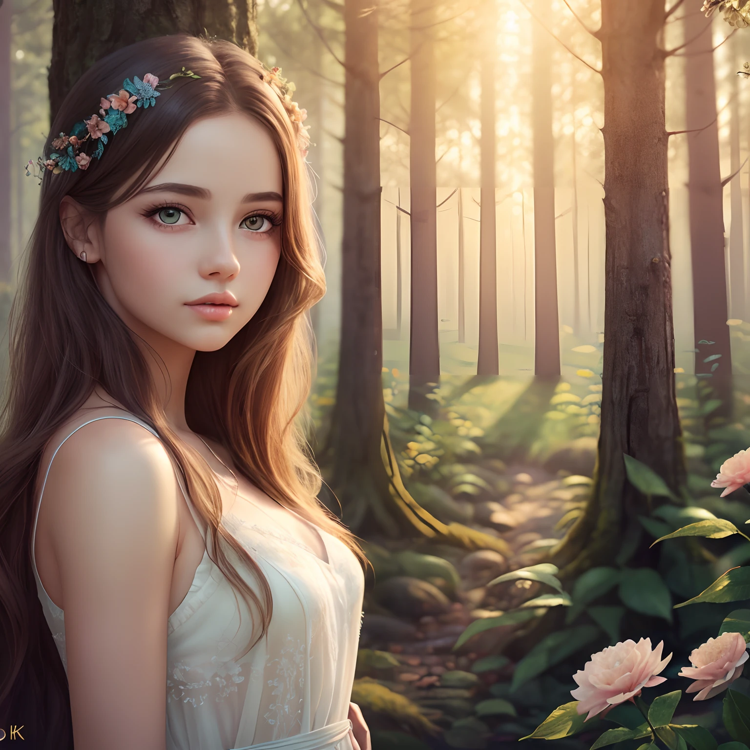 A woman in a white dress standing in a forest with flowers - SeaArt AI