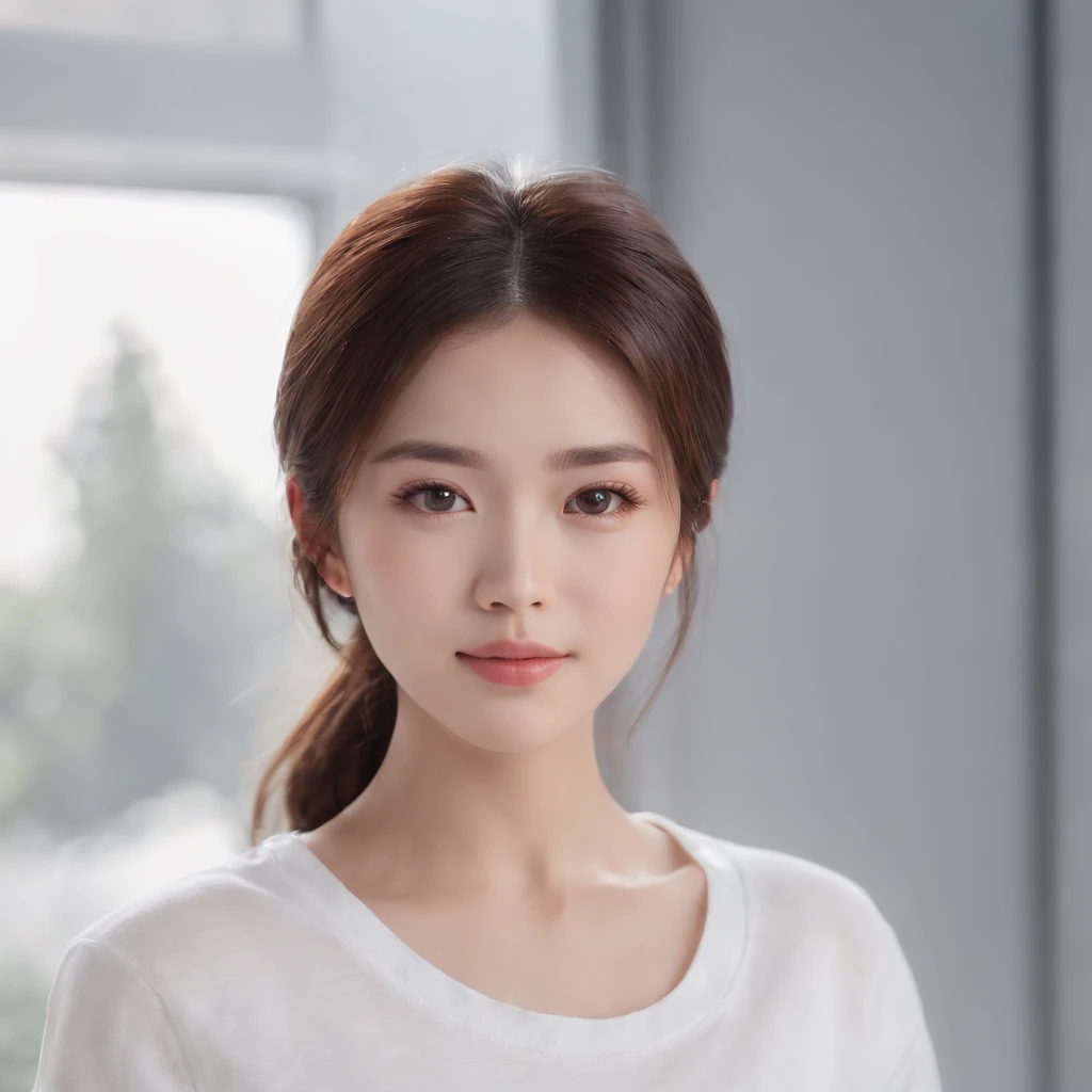 (Photo: 1.3) in the (Realistic: 1.3), Women in Japan, Soft light, Clear face, (front), ((White T-shirt)), Cheerful, Warm light, ((Gray-white gradient background)), (Background)) 、avatar,(shinny hair),Beautiful,年轻,,Short hair,((avatar))