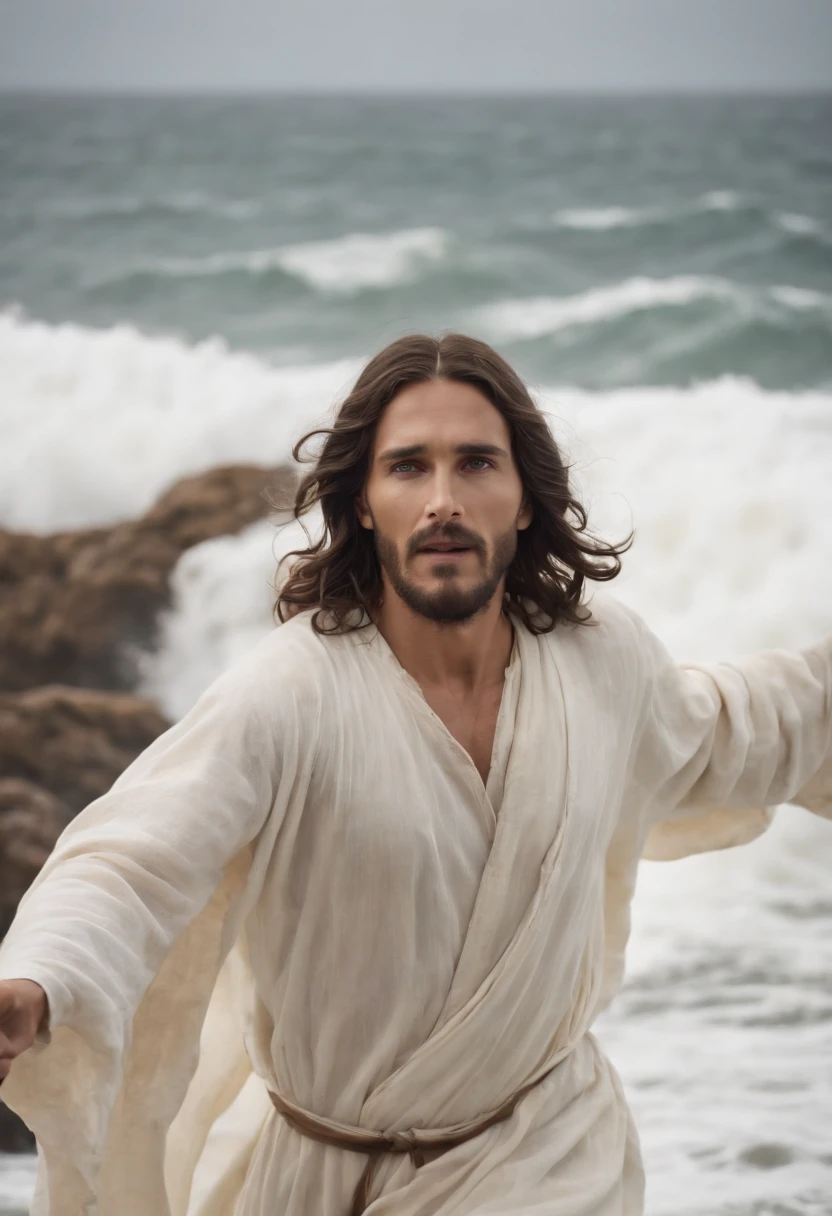 Jesus Cristo andando sobre um imenso mar, The waves are choppy, The sea is raging, mas Jesus segue andando sobre o mar, Wide and panoramic image