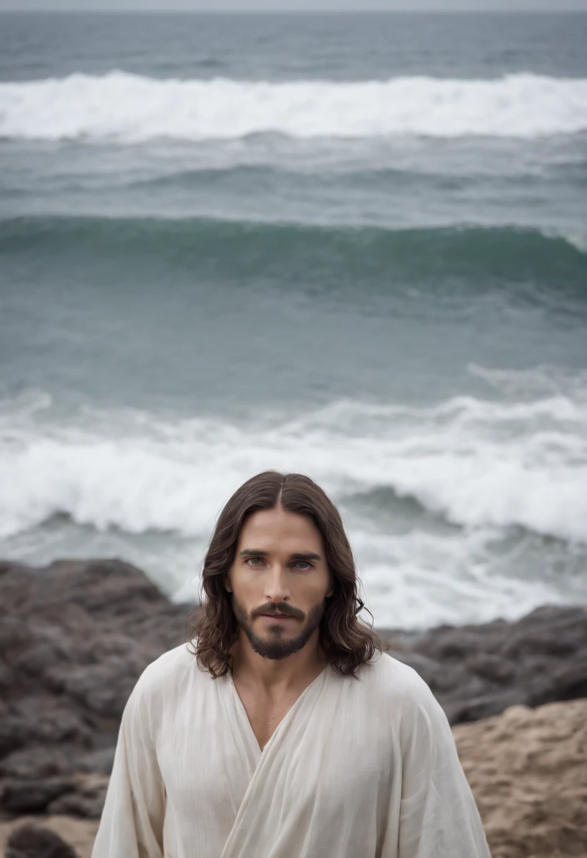 Jesus Cristo andando sobre um imenso mar, The waves are choppy, The sea is raging, mas Jesus segue andando sobre o mar, Wide and panoramic image