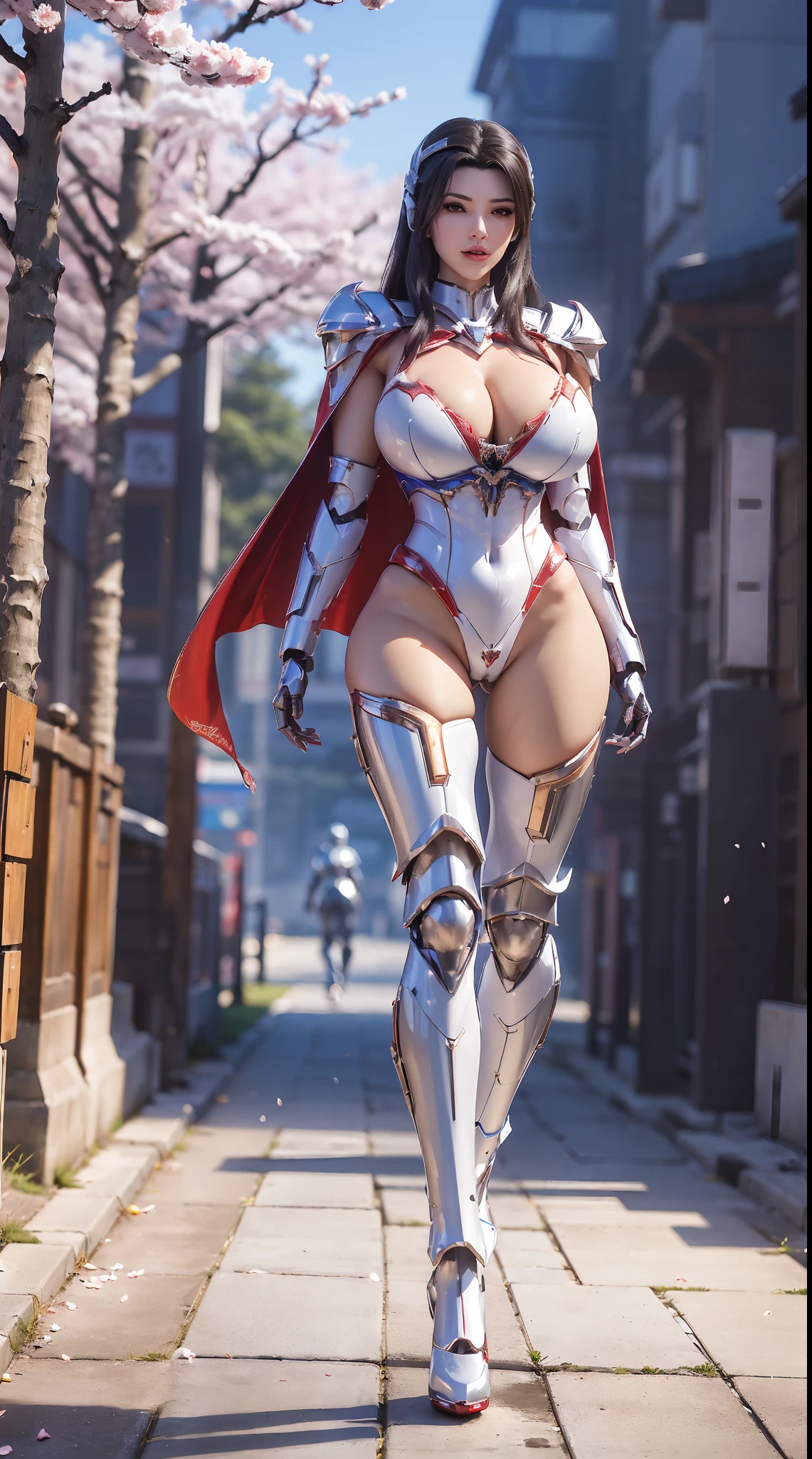1GIRL, SOLO, (mecha helm:1.3), (BIG BUTTOCKS, HUGE BOOBS:1.4), (DRAGON MECHA GUARD ARM, GLOVES), (Red, white), (MECHA CYBER SHINY ARMORED SUIT, ROYAL CAPE, CLEAVAGE, MECHA SKINTIGHT PANTS, GUARD ARMOR LEGS, HIGH HEELS:1.4), (MUSCULAR BODY, SEXY LONG LEGS, FULL BODY:1.5), (MUSCLE ABS:1.2), (LOOKING AT VIEWER:1), (WALKING DOWN ON STREET CHERRY TREES IN THE MORNING:1.3), PHYSICALLY-BASED RENDERING, ULTRA HIGHT DEFINITION, 16K, 1080P.