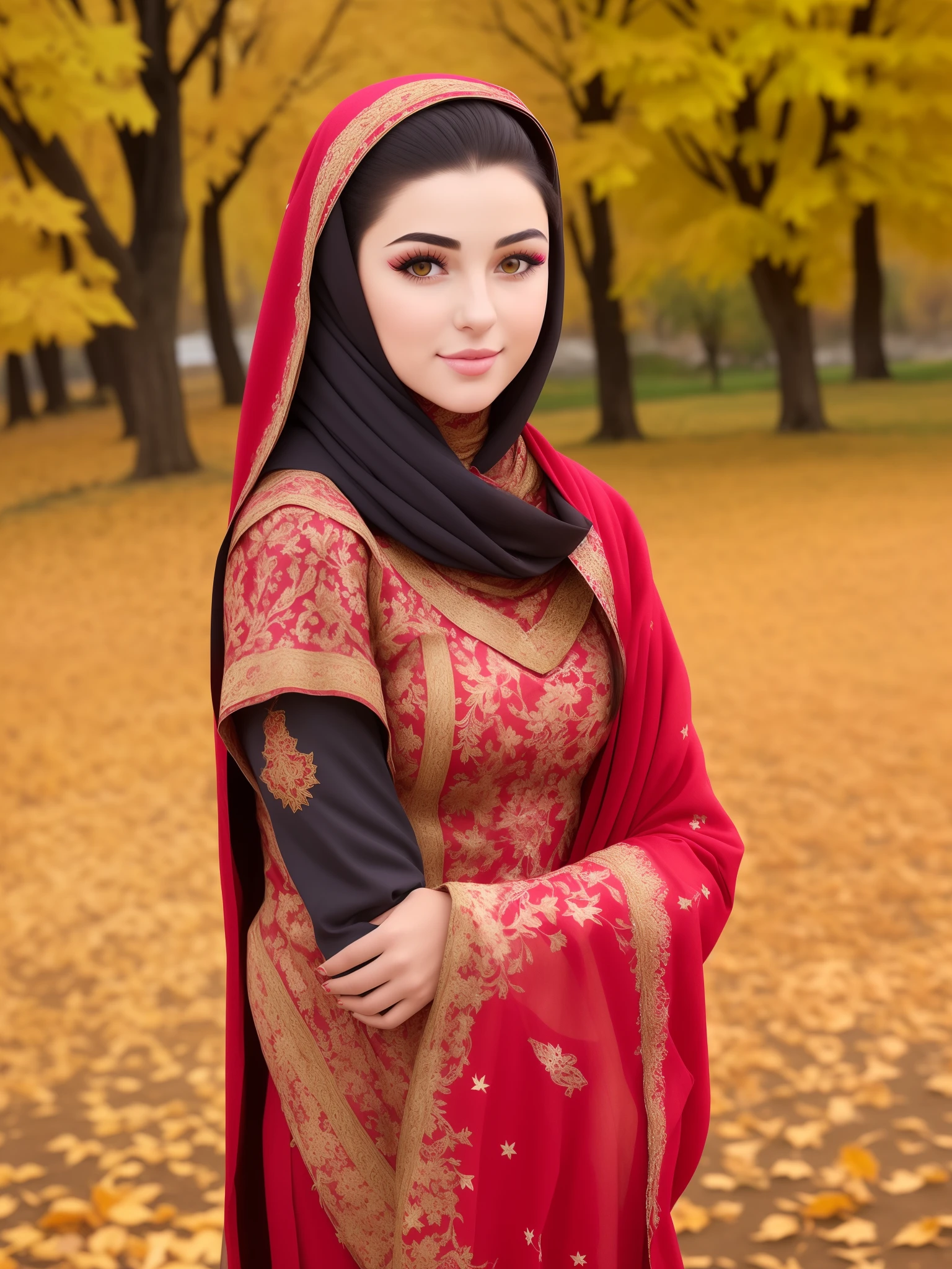 A very beautiful girl and a dreamy face with long hair and very beautiful clothes. In the autumn season, in Masoleh, Iran.