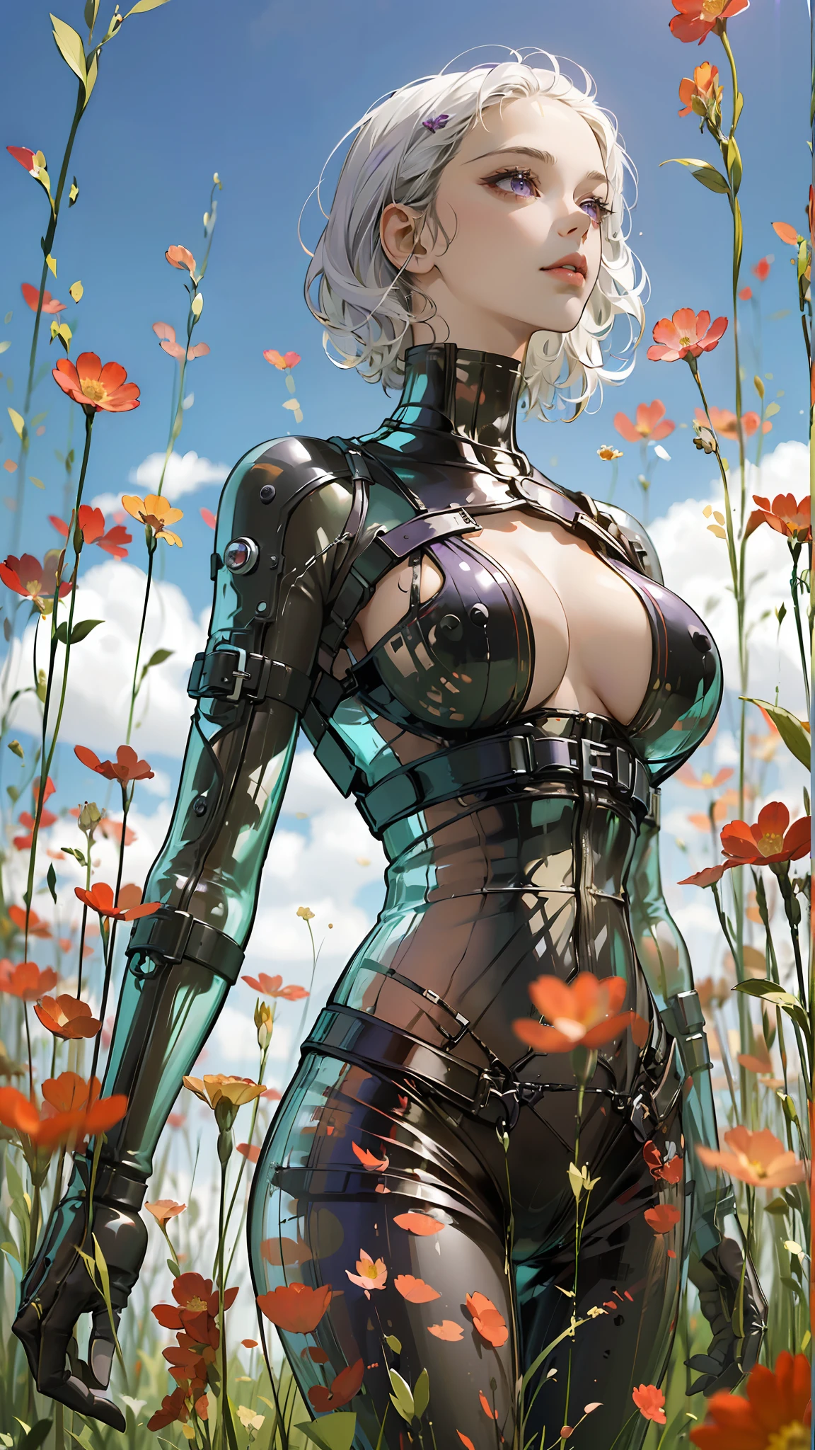 (1girl:1.5), (purple eyes: 1.5), looking at the audience, realistic, (Realistic white hair), short hair, short hair blown by wind, solo, flowers, sky, sky, outdoor, short hair, science fiction, blur, grass, realism, clouds, blue sky, chest, (large breasts: 1.2), lips, transparent, transparent, transparent,