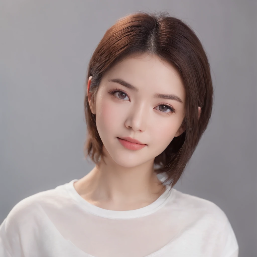 (Photo: 1.3) in the (Realistic: 1.3), Women in Japan, Soft light, Clear face, (front), ((White T-shirt)), Cheerful, Warm light, ((Gray-white gradient background)), (Background)) 、avatar,(shinny hair),Beautiful,年轻,,Short hair,((avatar))